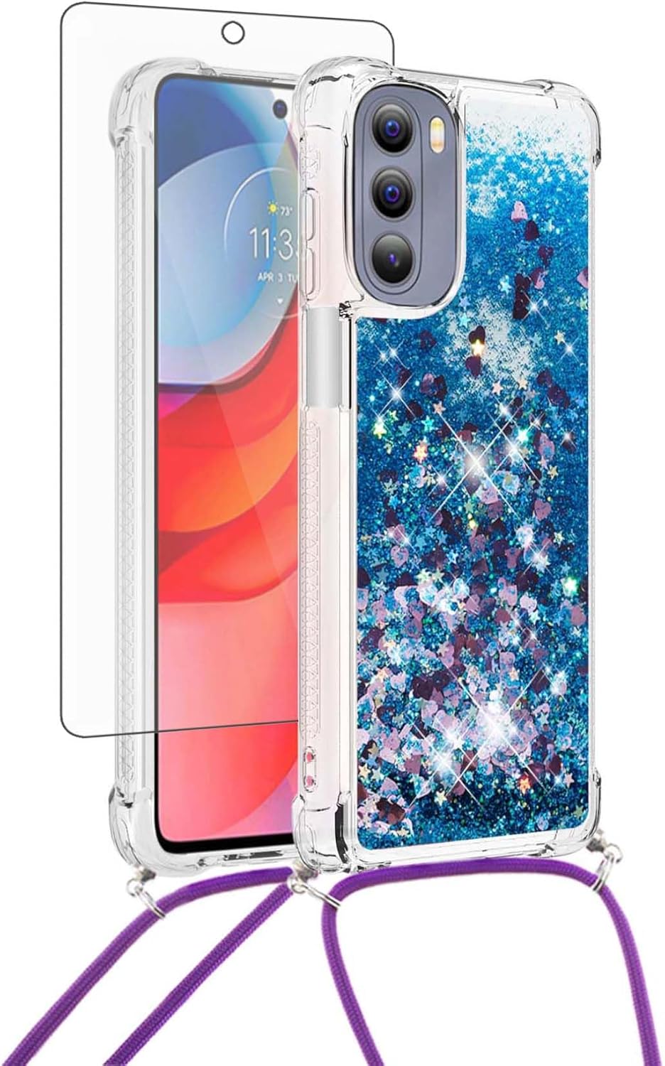 Asuwish Funda de teléfono para Moto G Stylus 2022 4G con protector de pantalla y correa cruzada, con purpurina líquida, cubierta protectora delgada