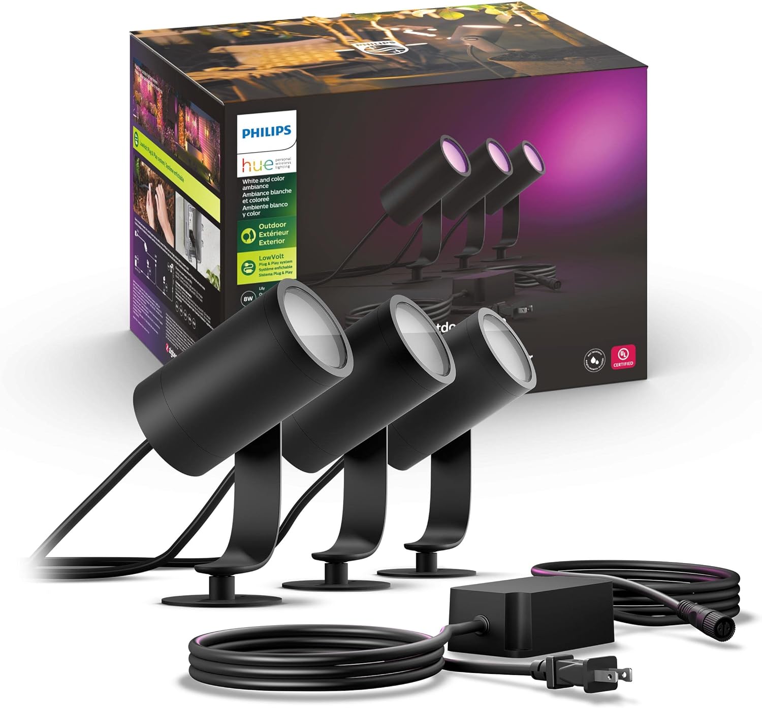 Philips Hue White and Color Ambiance Lily – Kit de base para exteriores y cable de 8 pies y conector en T y extensión de cable de 16 pies para