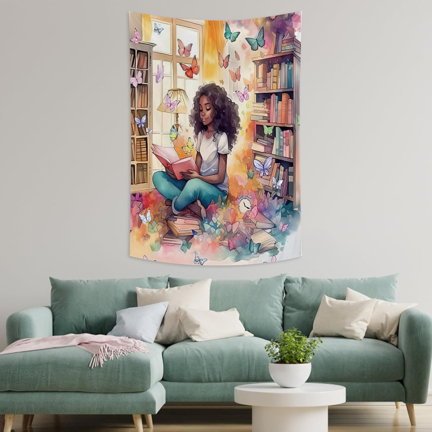 Tapiz de lectura para niñas afroamericanas, lienzo de lectura de libros, decoración estética inspiradora para colgar en la pared para dormitorio,