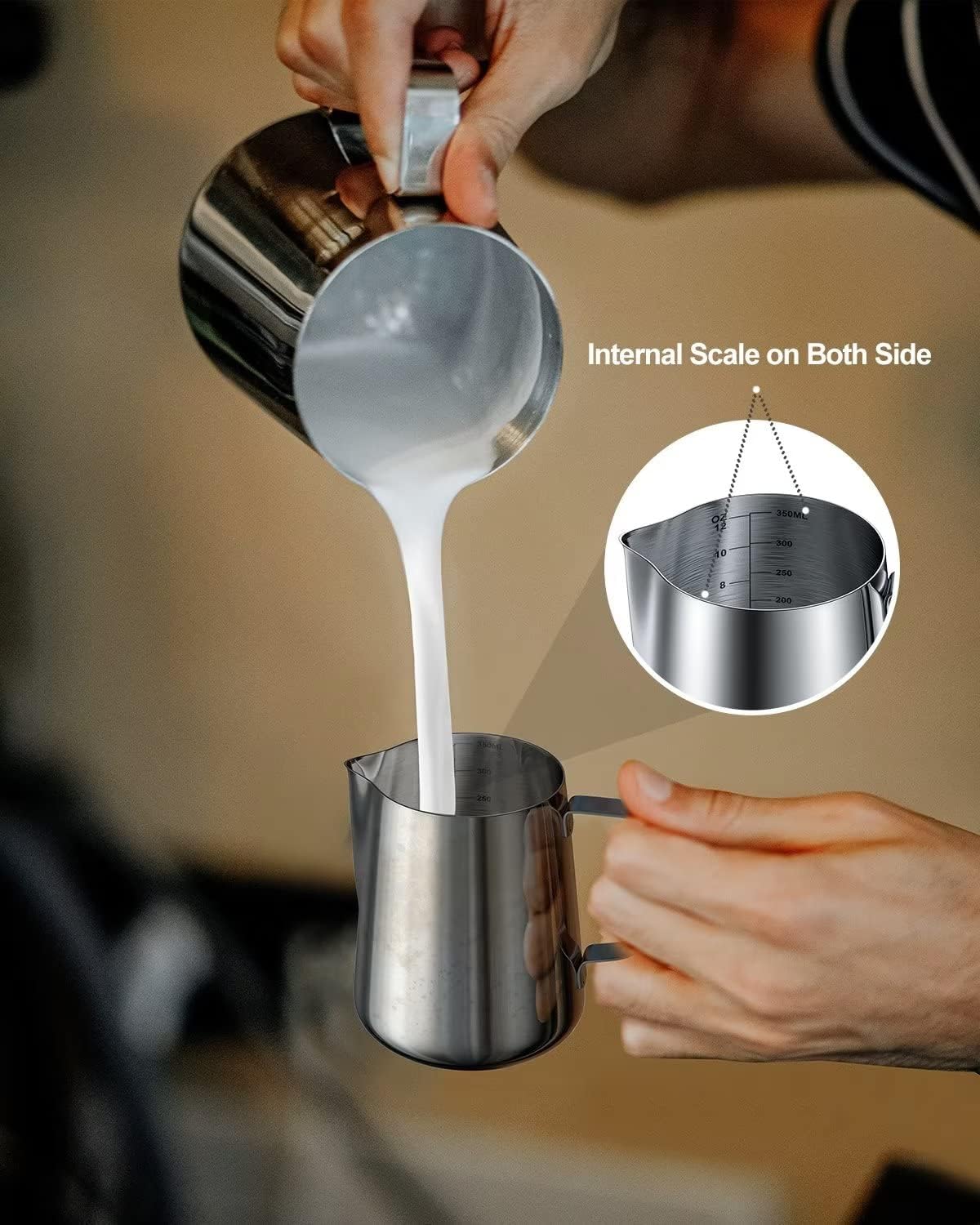 Jarra de espuma de leche de acero inoxidable de 20 onzas, medidas en ambos lados, accesorios para máquina de espresso, taza de arte latte con mango