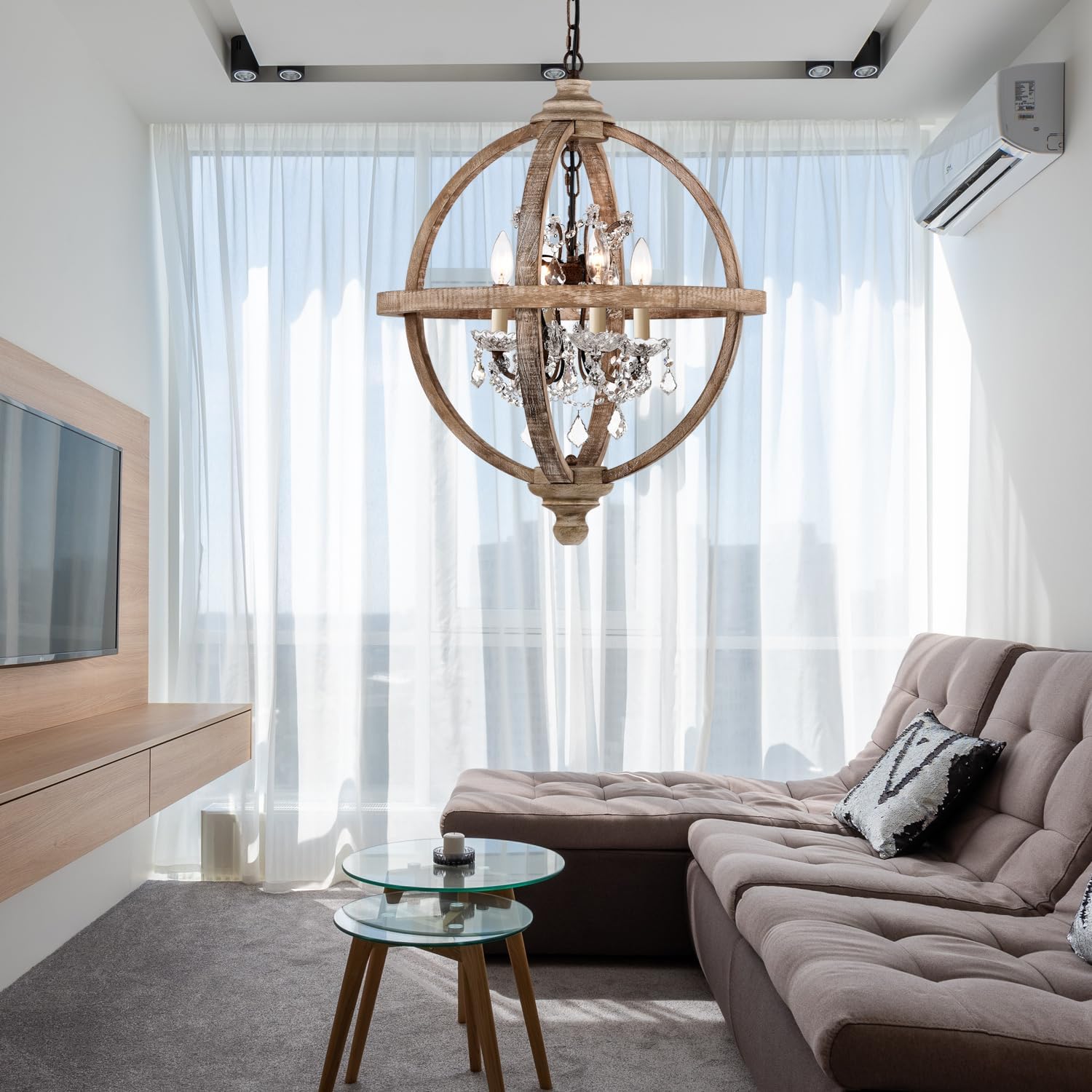 Cawabien Candelabro de metal y madera con 4 luces, estilo rústico con cristales transparentes, lámpara de techo de madera vintage para cocina,