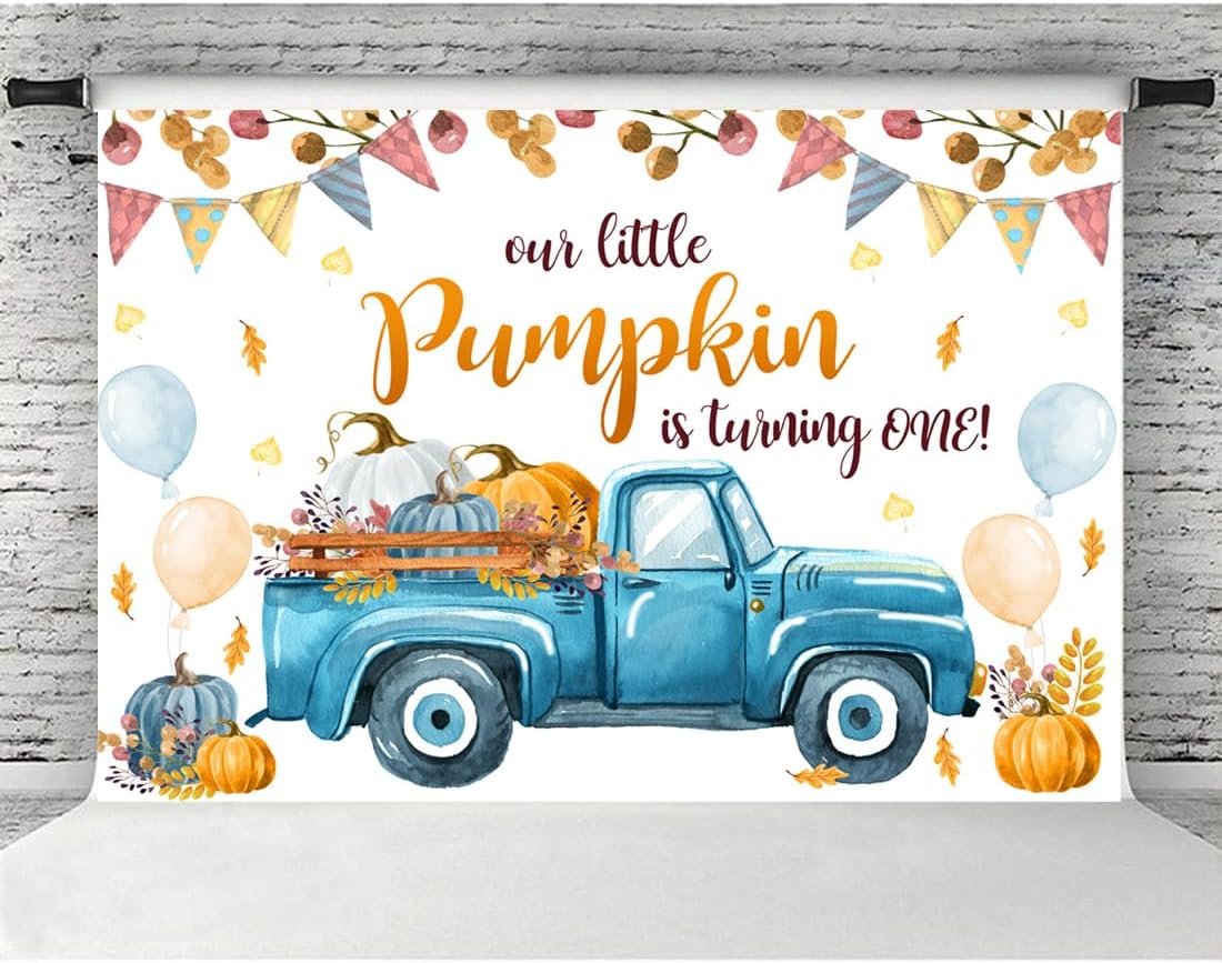 Our Little Pumpkin is Turning One – Cartel de fondo para decoración de bebé niño, camión azul, primer cumpleaños, fiesta de primer cumpleaños,