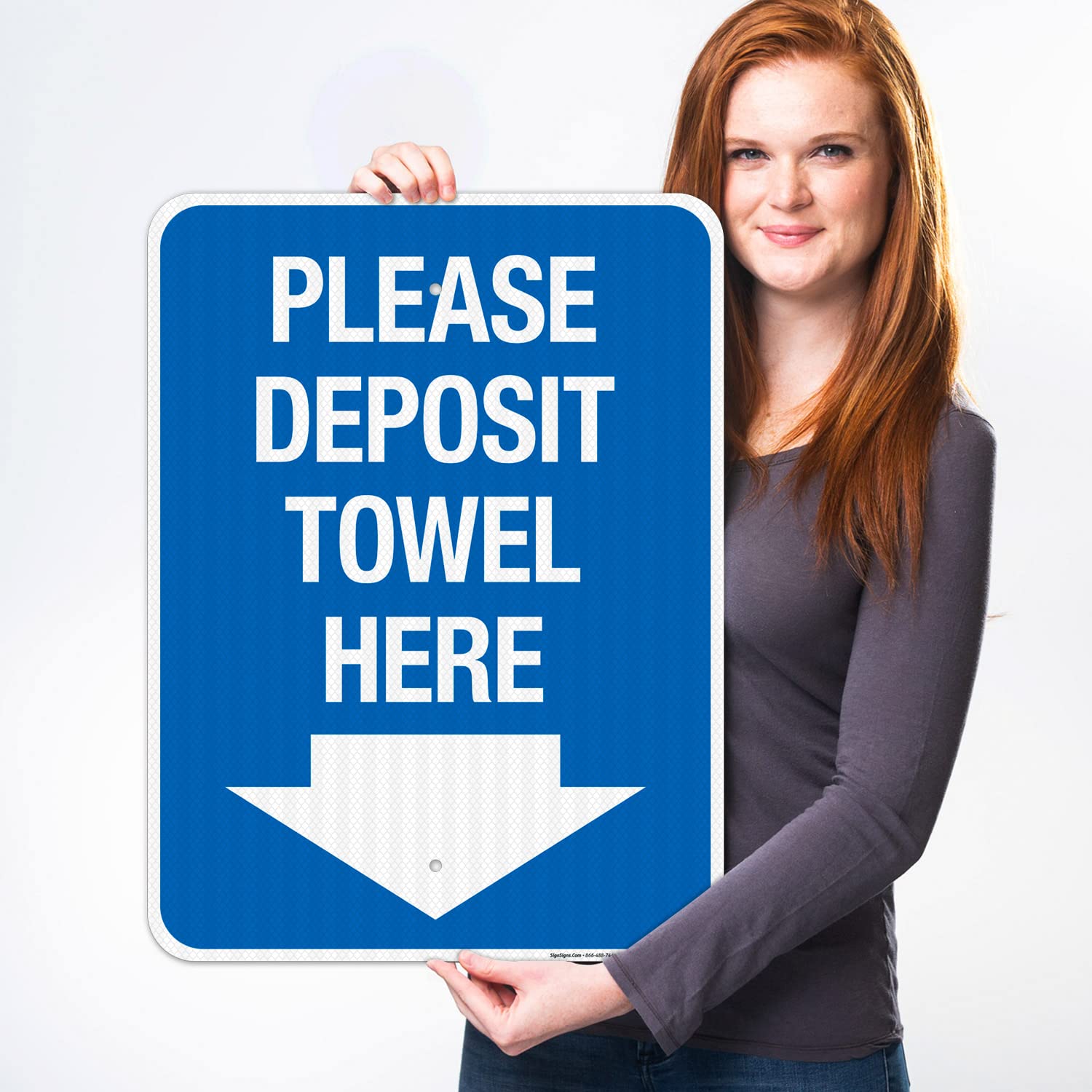 Please Deposit Towel Here With Downward Arrow Sign, 18×24 Inches, 3M EGP Reflective .080 Aluminum, Fade Resistant, Made in USA by Sigo Signs