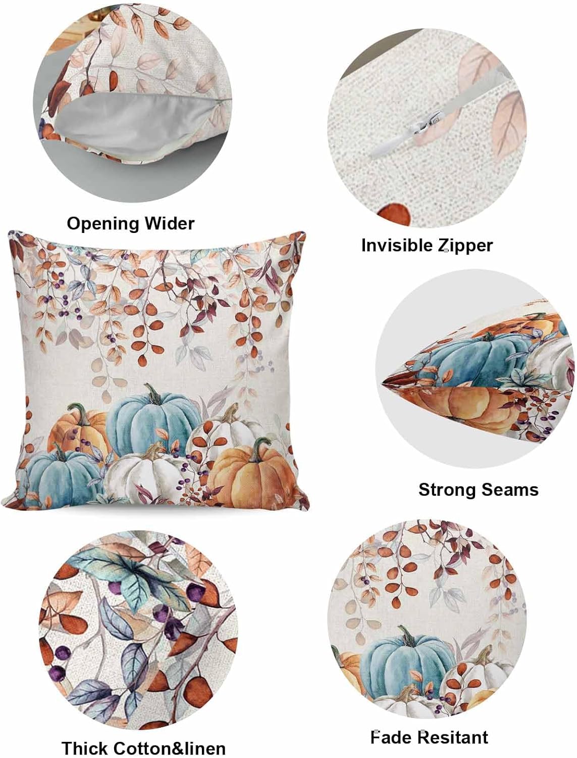 Paquete de 2 fundas de almohada decorativas para sofá, retro, otoño, naranja, blanco, azul, cosecha, hojas de calabaza, 18 x 18 pulgadas, fundas de