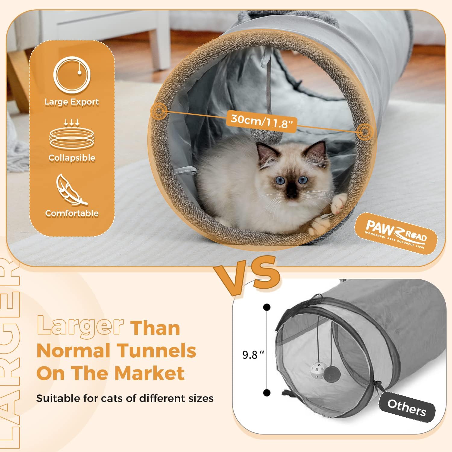 PAWZ Road Túnel para gatos de 51 pulgadas de largo, túnel plegable de 12 pulgadas de diámetro, tubo grande para gatos grandes, conejos y cachorros,