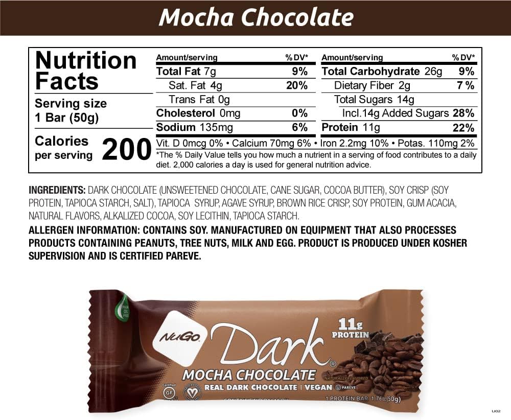 NuGo Moca de chocolate oscuro, 0.39oz de proteína vegana, 200 calorías, sin gluten, 24 unidades