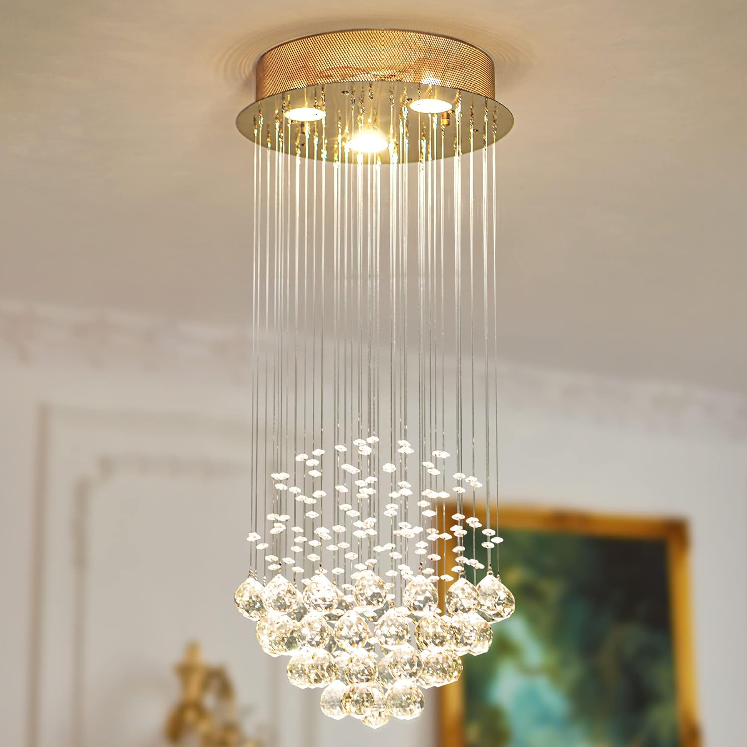 Moderno candelabro de cristal con forma de gota de lluvia, lámpara colgante para comedor, sala de estar, baño, vestíbulo