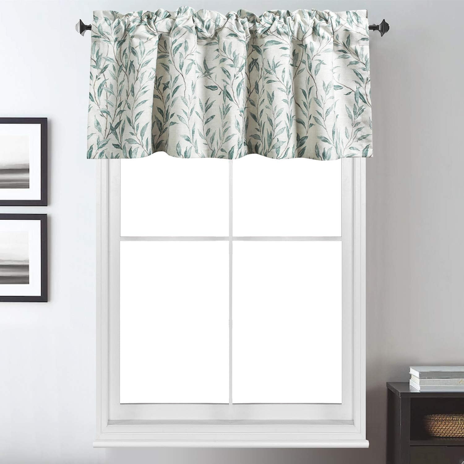 VOGOL Cenefas azules para ventanas, preciosas cortinas de ventana con estampado de hojas, cenefas de cocina con bolsillo para barra, para ventanas,
