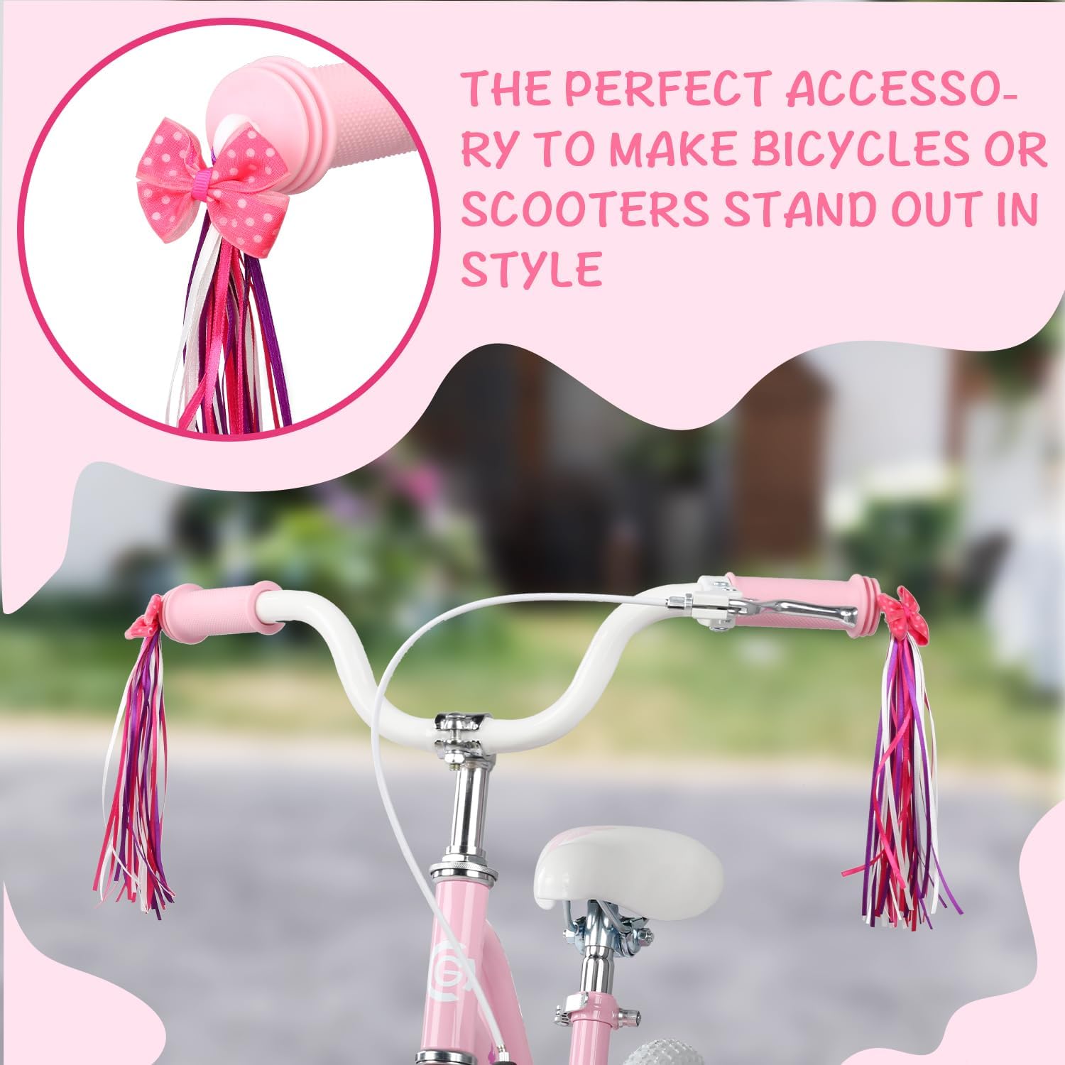 1 paquete de campanas de bicicleta rosas para niños y 1 par de serpentinas de bicicleta para niños, accesorios de bicicleta de colores, cintas de
