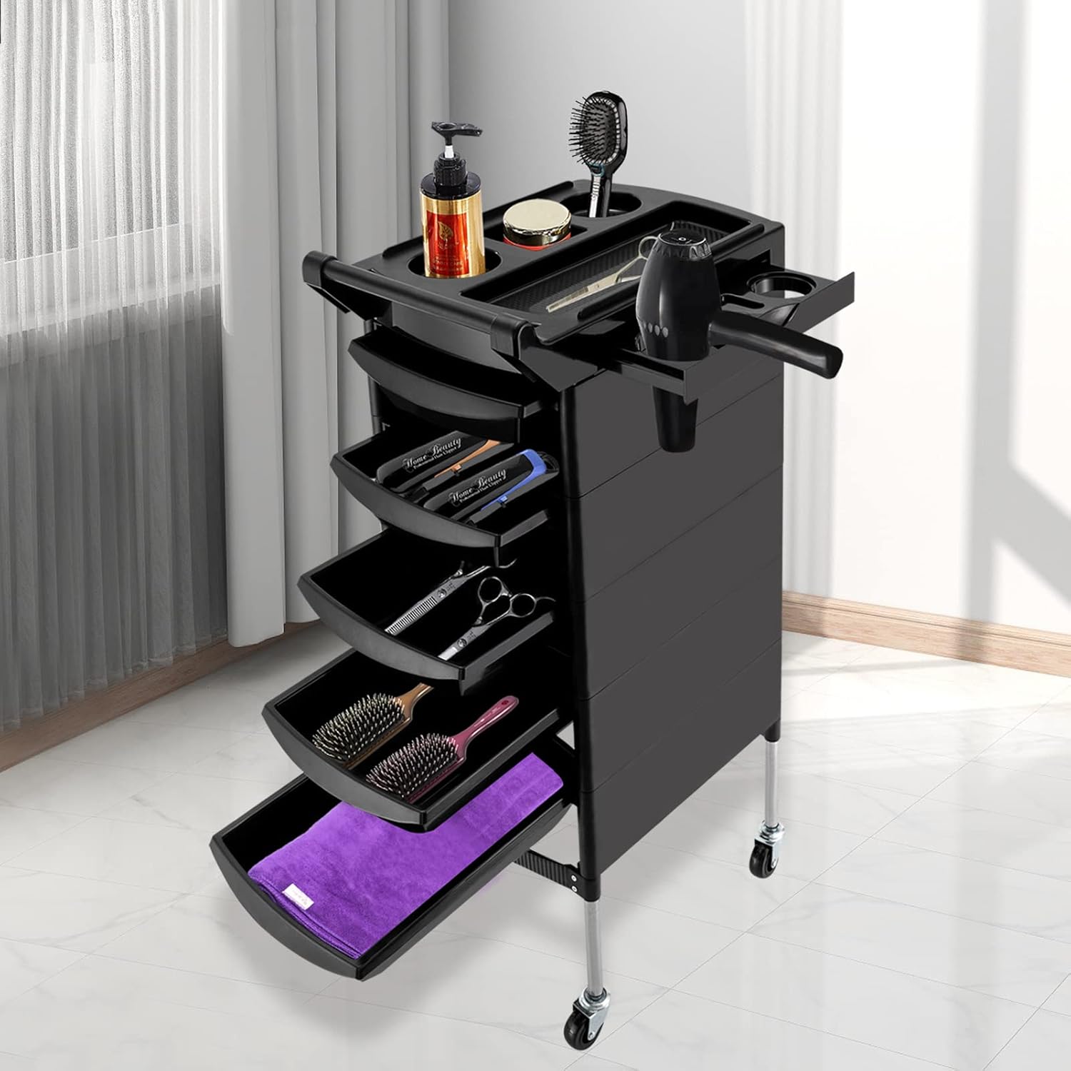 Carrito de salón de belleza de 6 niveles con mango+ruedas rodantes bandeja de almacenamiento con 5 cajones peluquería peluquería herramienta