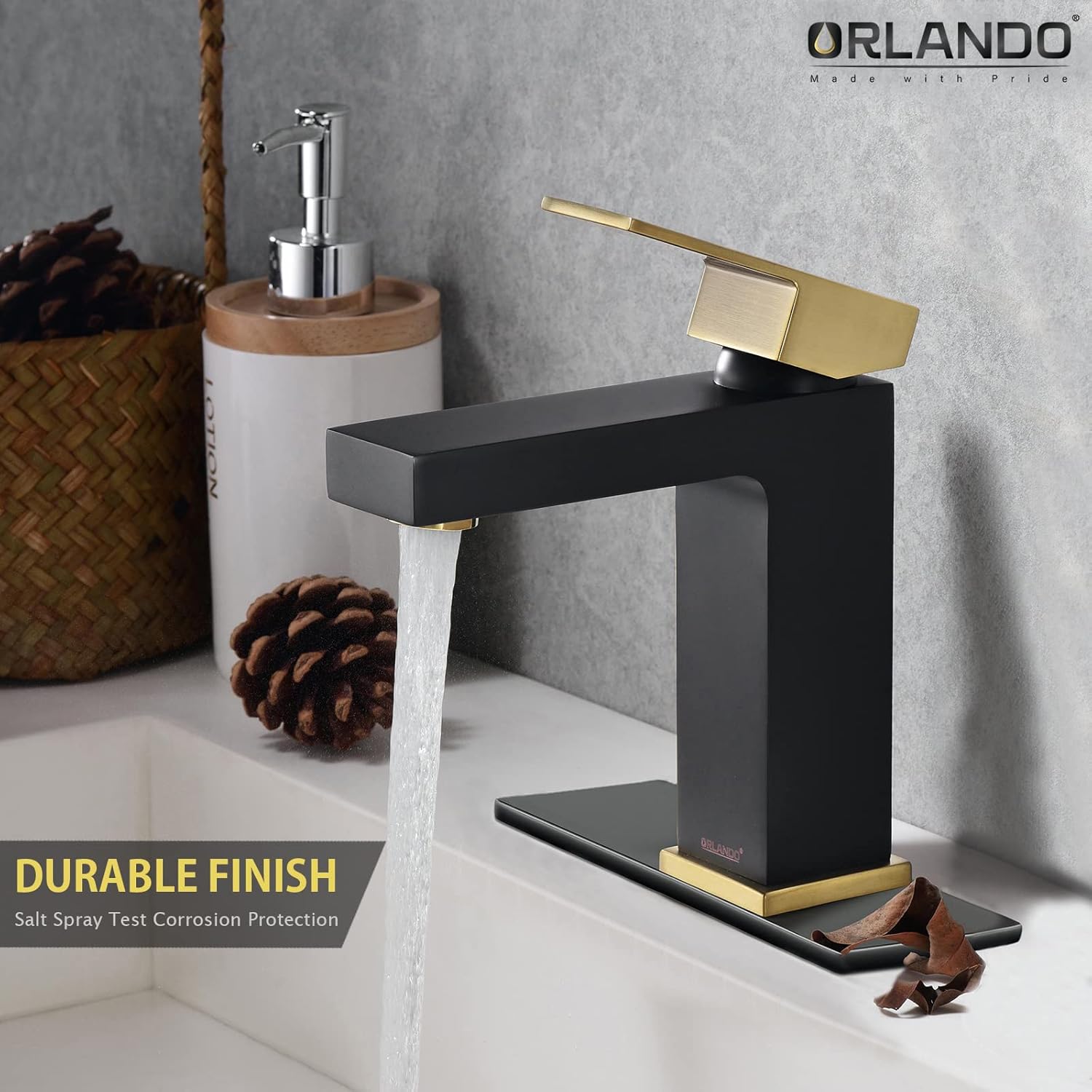ORLANDO Grifo de baño negro y dorado de un solo agujero, grifo de lavabo de baño de una sola manija para fregadero de baño, grifo de baño de latón