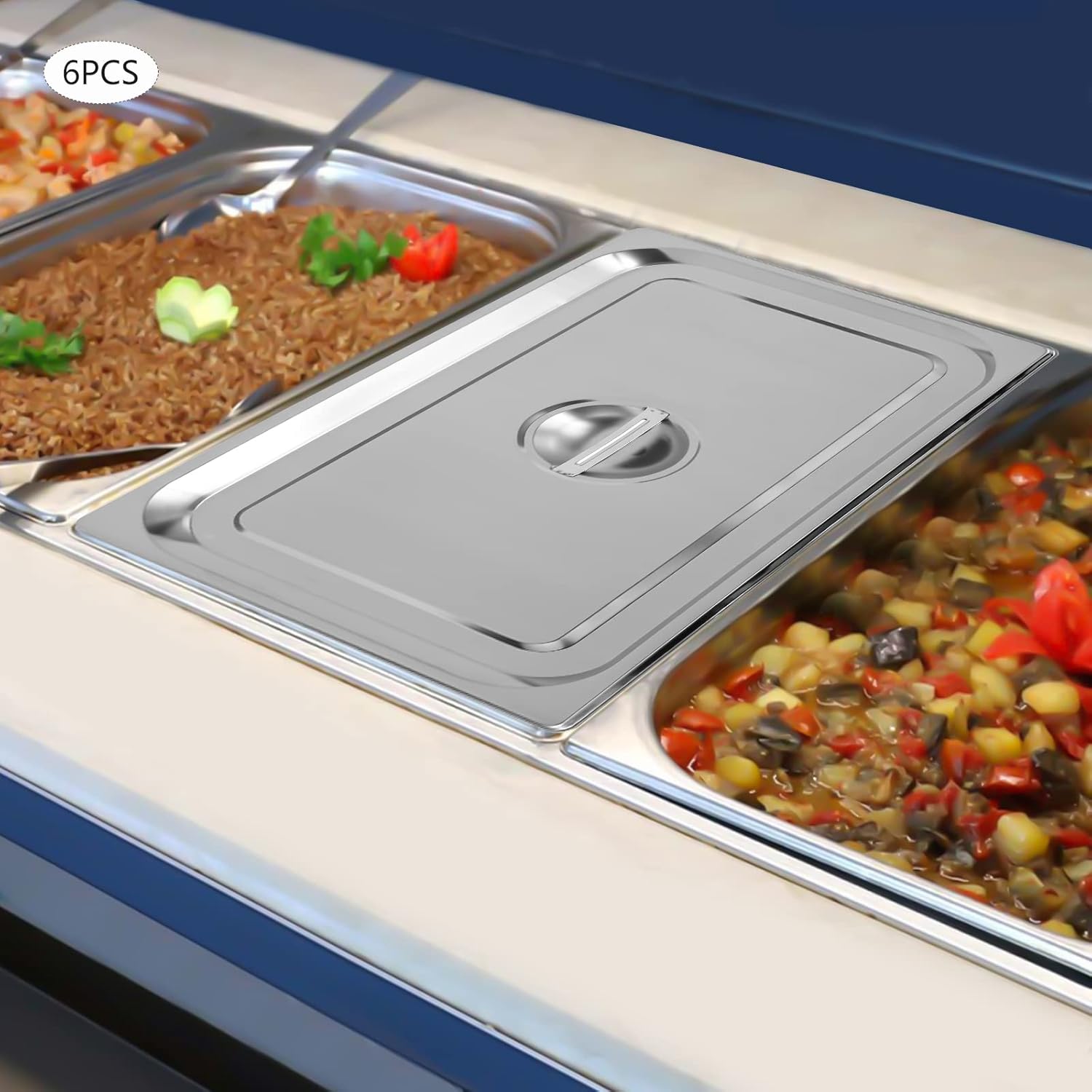 Fetcoi Paquete de 6 tapas de mesa de vapor de acero inoxidable de tamaño 11, cubierta sólida de sartén de hotel con asa para sartén de alimentos al