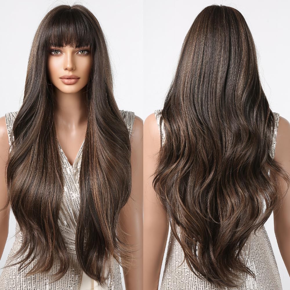Allbell Pelucas de onda larga marrón para mujer, mezcla de cabello rubio ondulado, peluca natural, pelucas sintéticas con flequillo