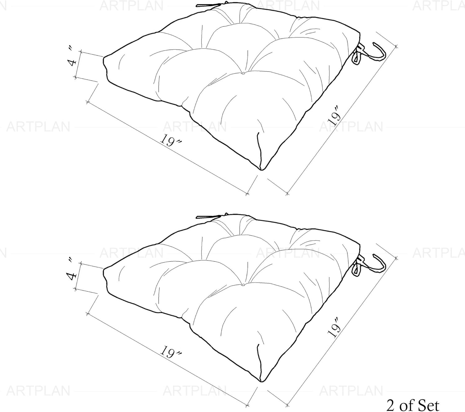 ARTPLAN Cojines para sillas de exterior, juego de 4, cojines de asiento de patio de 19 x 19 x 4 pulgadas con lazos, cojines para sillas de comedor