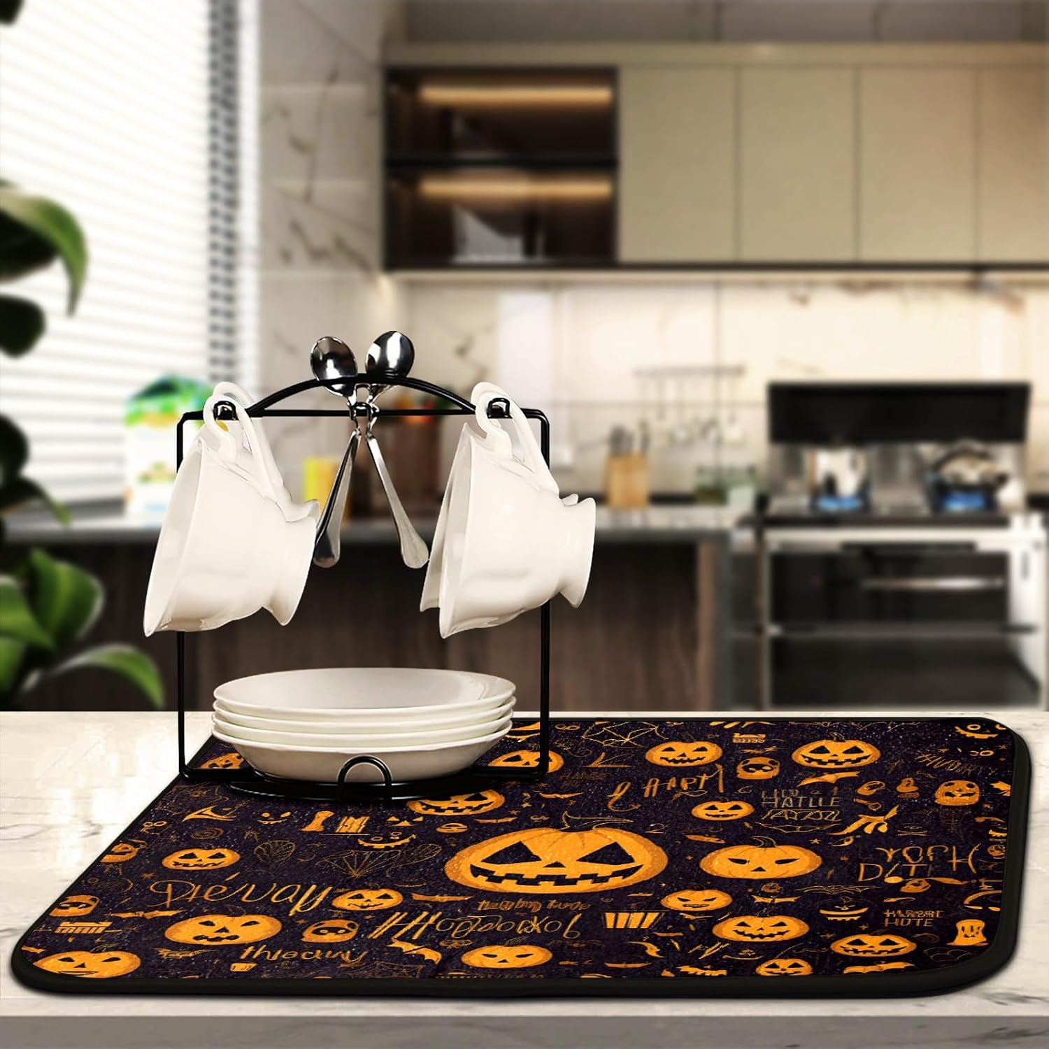 Alfombrillas de secado de platos de calabaza gótica feliz para encimera de cocina, 24 x 18 pulgadas, decoración gótica, almohadilla de secado de
