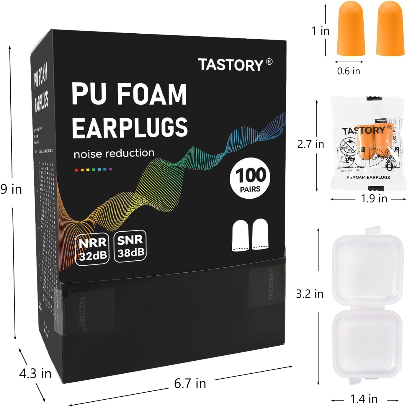 TASTORY Tapones para los oídos de espuma, 100 pares de tapones desechables de 38 dB para los oídos con reducción de ruido a granel, protección