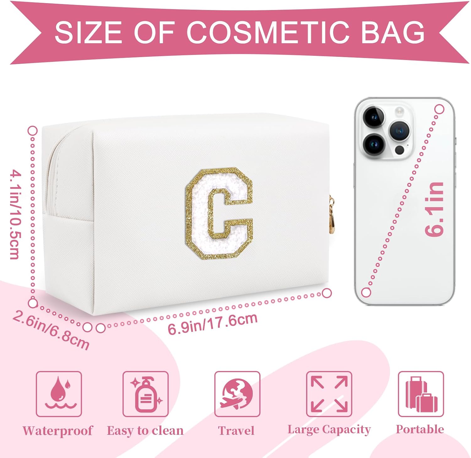 Bolsa de maquillaje personalizada con inicial A-Z, pequeña bolsa de cosméticos de viaje de piel sintética con cremallera, bonita bolsa de aseo