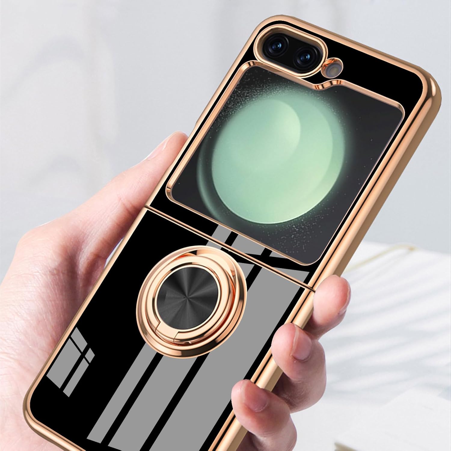 Funda compatible con Samsung Galaxy Z Flip 5 con 1 protector de pantalla frontal, soporte de anillo de rotación de 360 integrado, soporte magnético,