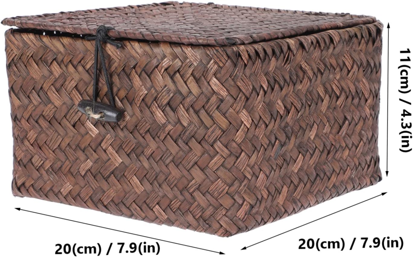 STOBAZA Caja de almacenamiento tejida a mano, cesta decorativa de ratán, cesta de almacenamiento de pastos marinos, cesta de mimbre con tapa, cesta