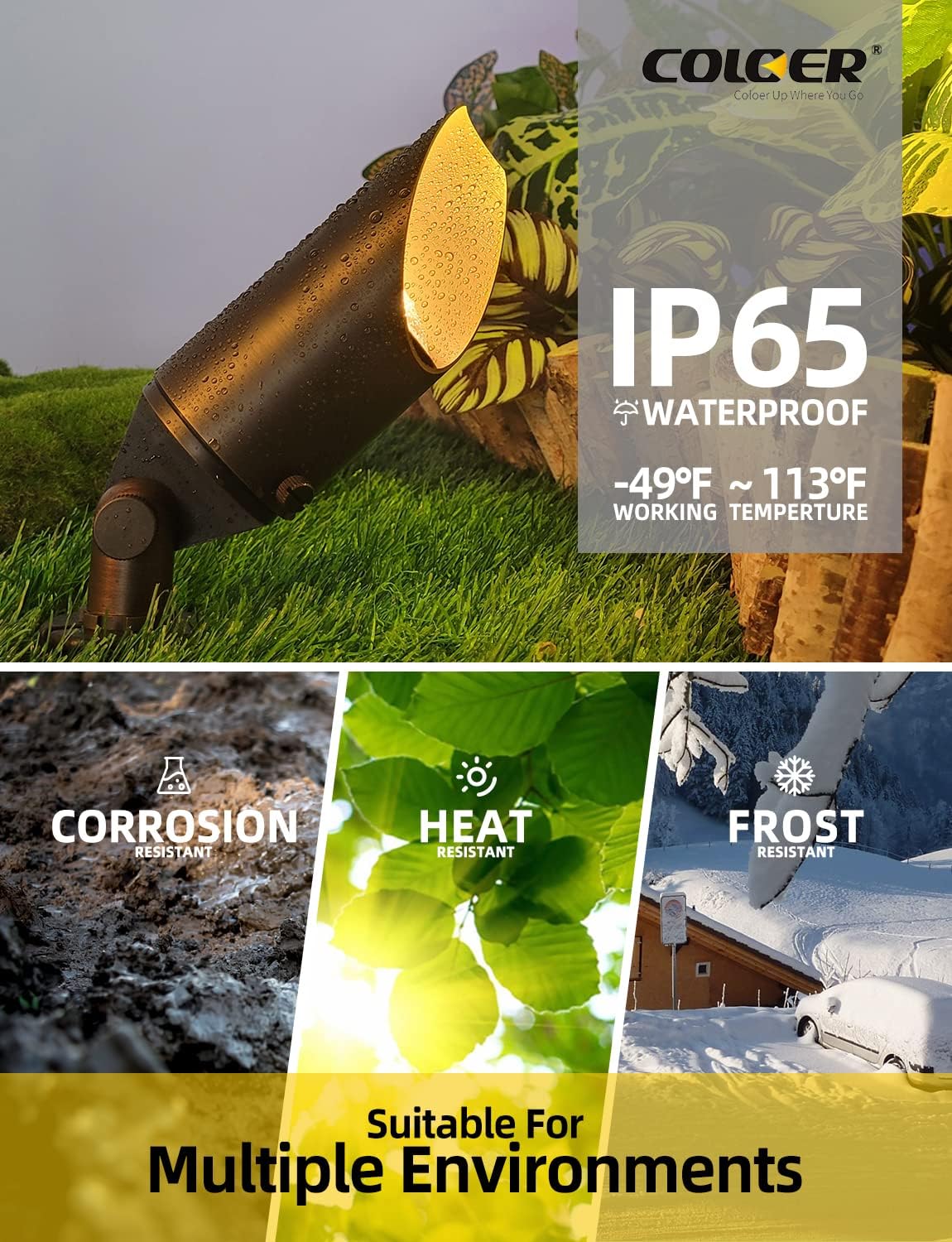 COLOER Focos de paisaje de latón fundido a presión, paquete de 6 focos para exteriores con kit de bombilla LED MR16 de 5 W, estaca de tierra