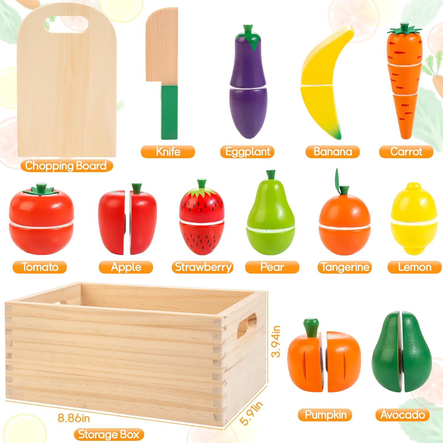 Comida de madera para niños pequeños, juego de corte de frutas y verduras con velcro para niños, accesorios de cocina para niños y niñas de 3, 4, 5,