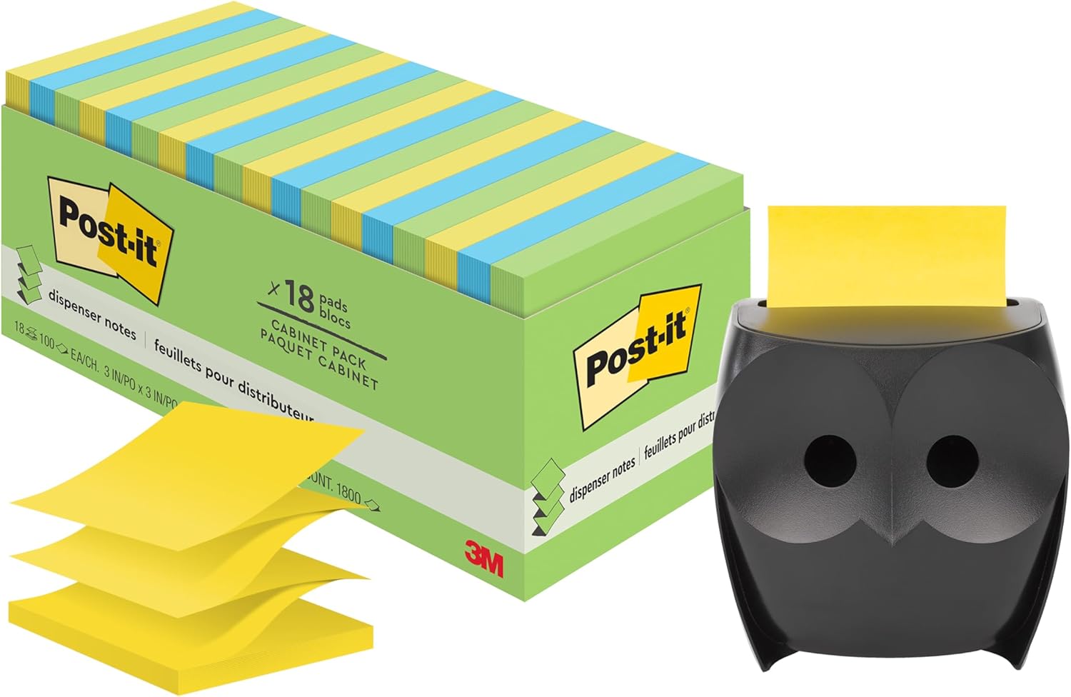 Post-it Paquete de regalo dispensador de notas de búho, incluye 18 unidades Post-it de 3 x 3 pulgadas, dispensador súper adhesivo de notas