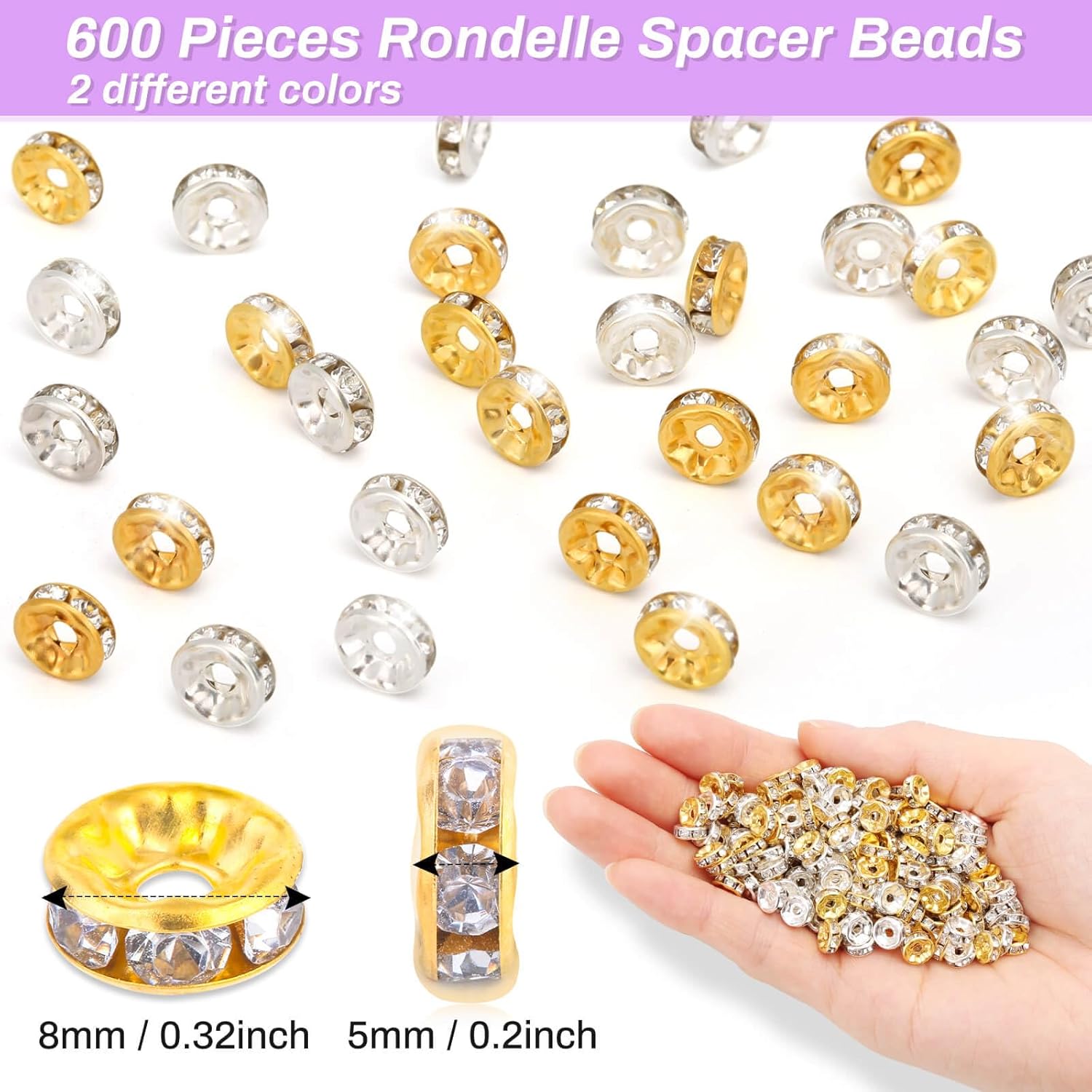Rondelle – Cuentas espaciadoras para hacer joyas, 600 cuentas espaciadoras de diamantes de imitación para pulseras, cuentas focales para bolígrafos