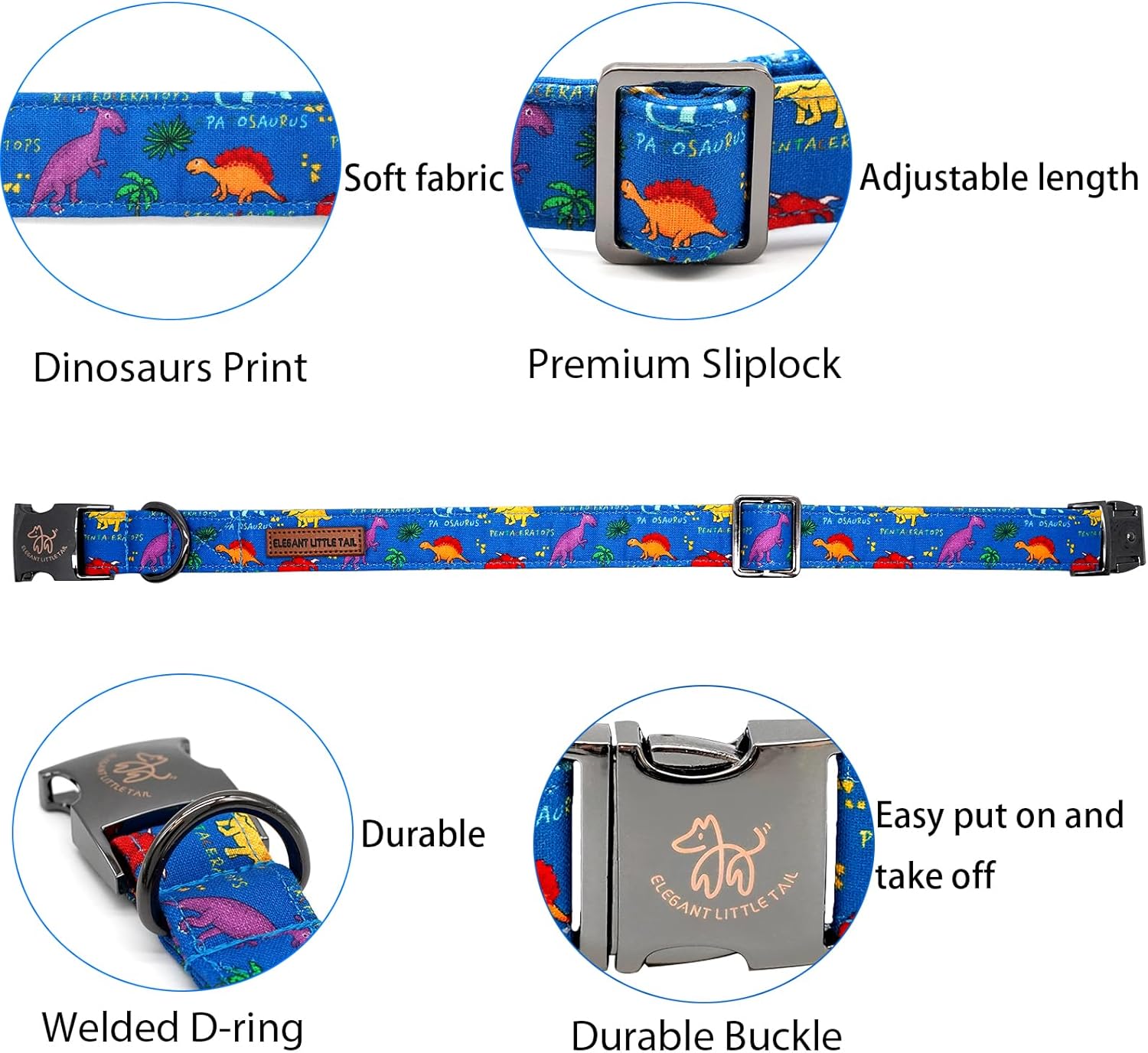 Elegant little tail – Collar ajustable para mascotas, lindo y duradero, diseño de dinosaurios en color azul, regalo para perro macho o hembra de