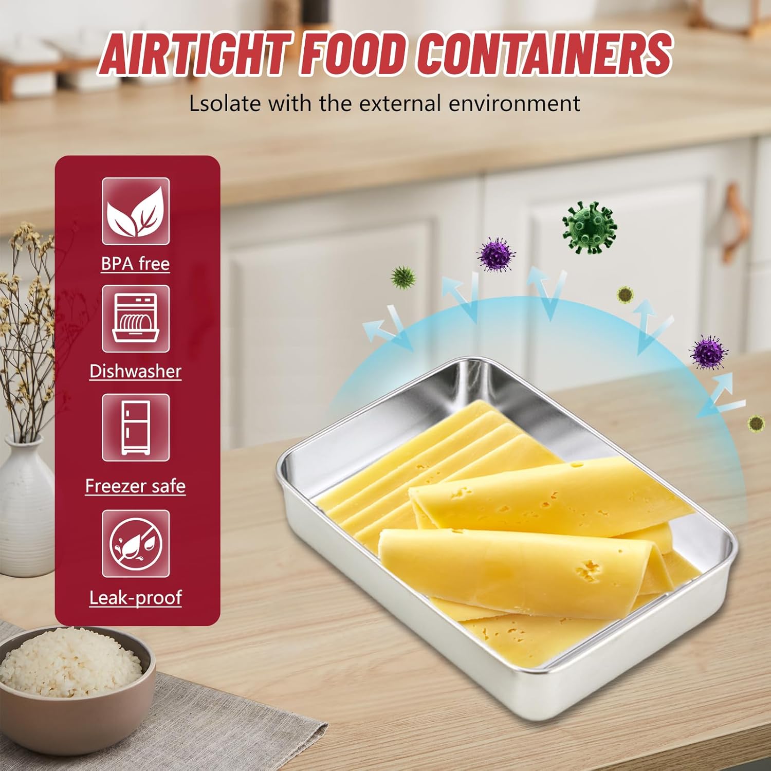 Recipiente de queso para refrigerador, contenedor de tocino para refrigerador, recipientes herméticos de acero inoxidable 304 para almacenamiento de