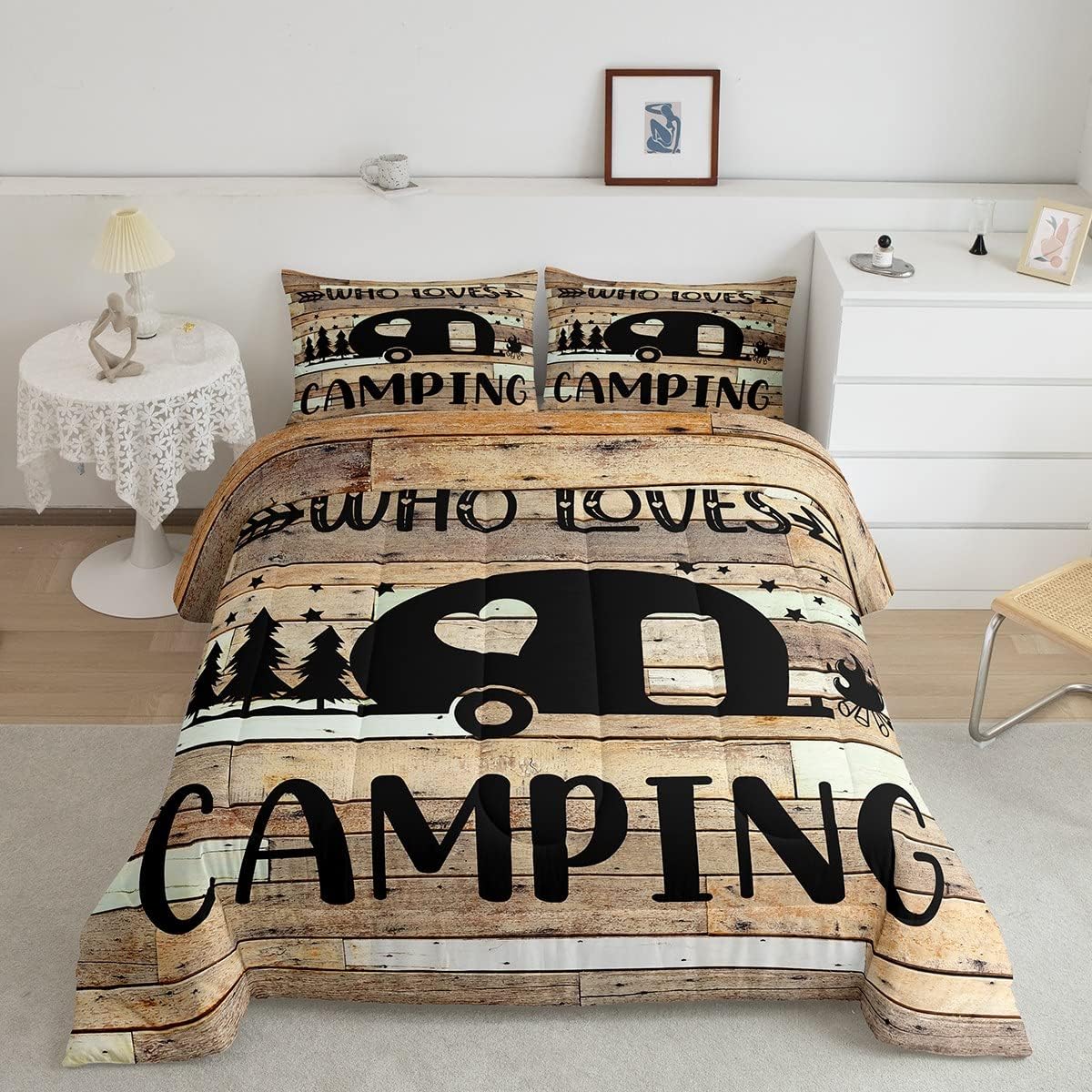 Juego de edredón de caravana de viaje, tamaño Queen, juego de ropa de cama rústica marrón con puerta de granero de 3 piezas para niños, adolescentes