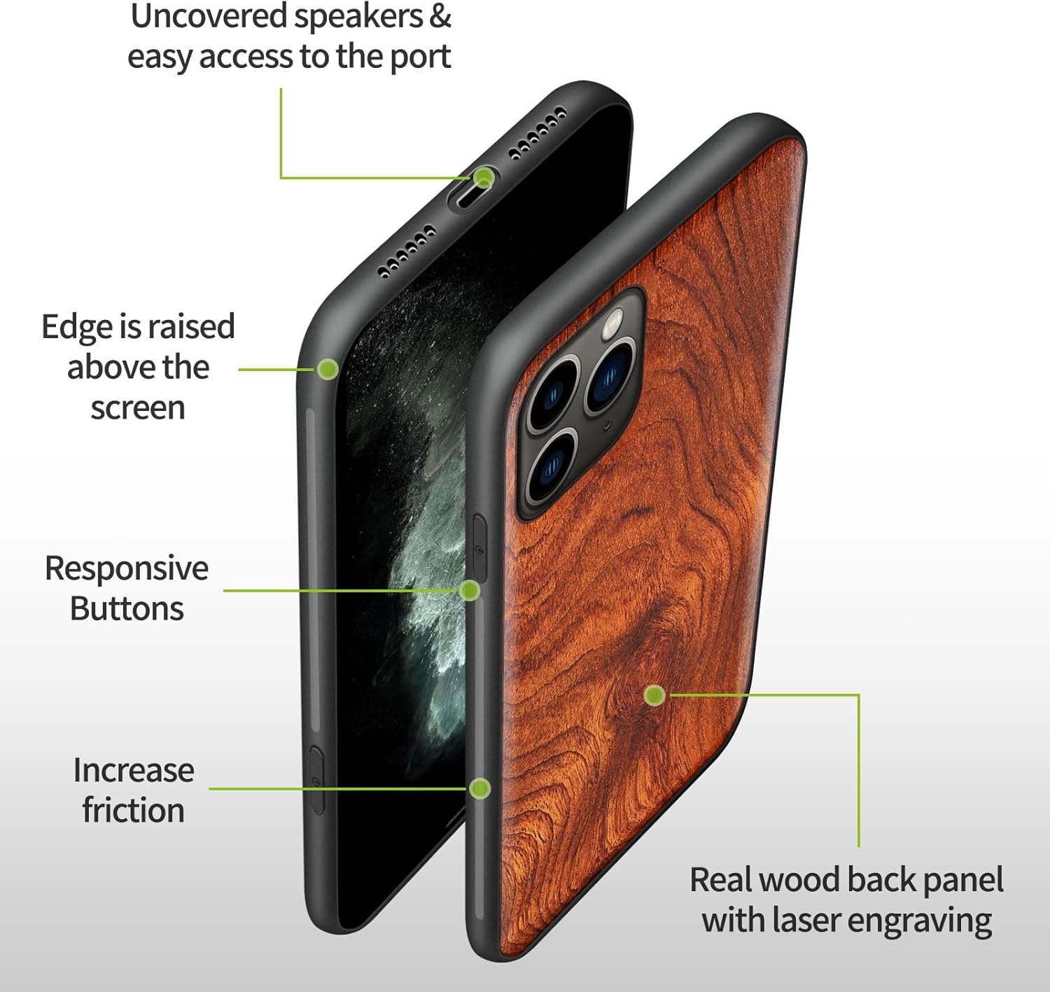 Carveit Funda de madera para iPhone 11 Pro Max madera real dura y TPU suave negro a prueba de golpes, funda protectora única y elegante de madera