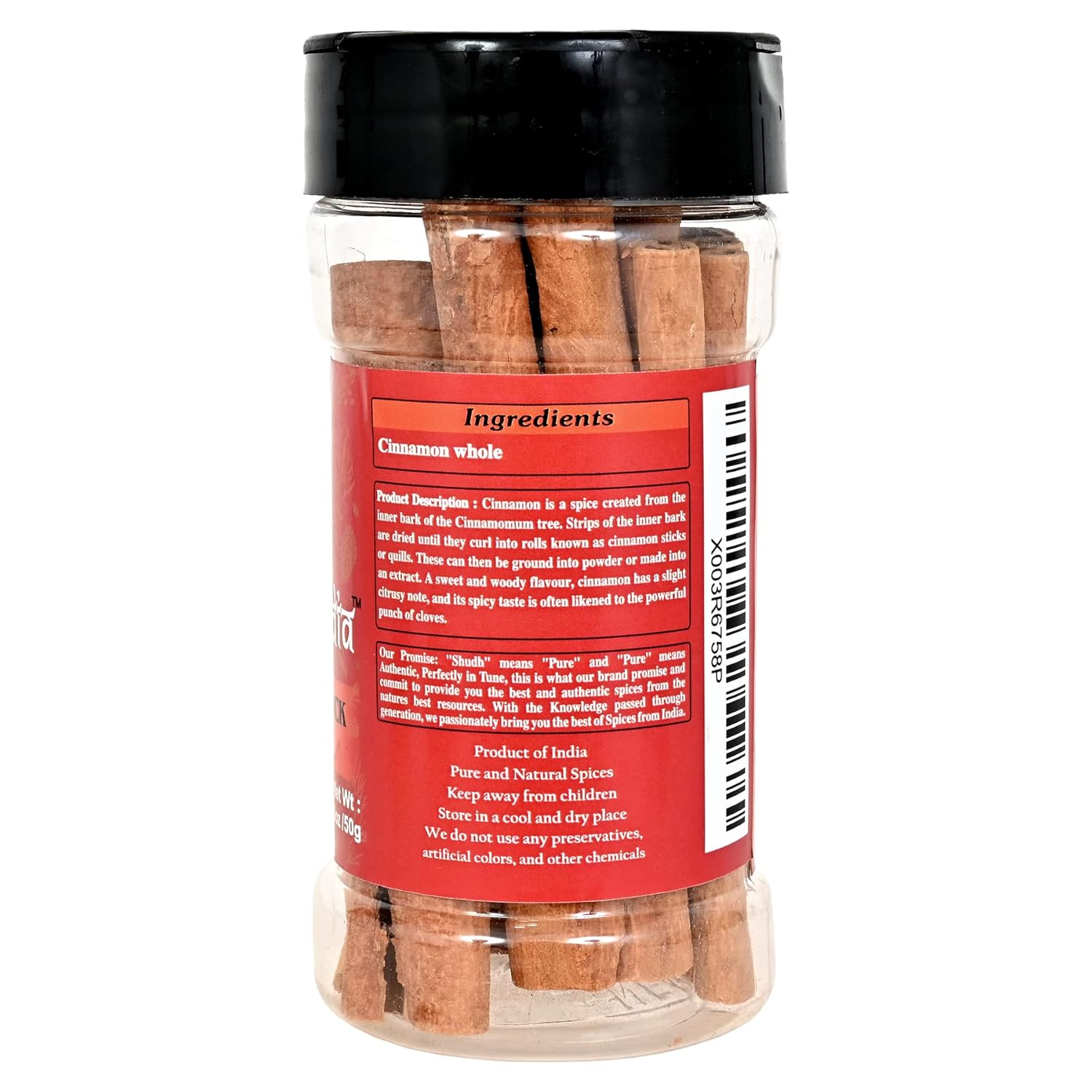 Shudh India Palitos de canela (Dalchini)  Cassia redondo, tarro de PET  Todo natural  Vegano  Sin colores  Apto para gluten  Sin OMG (palitos de