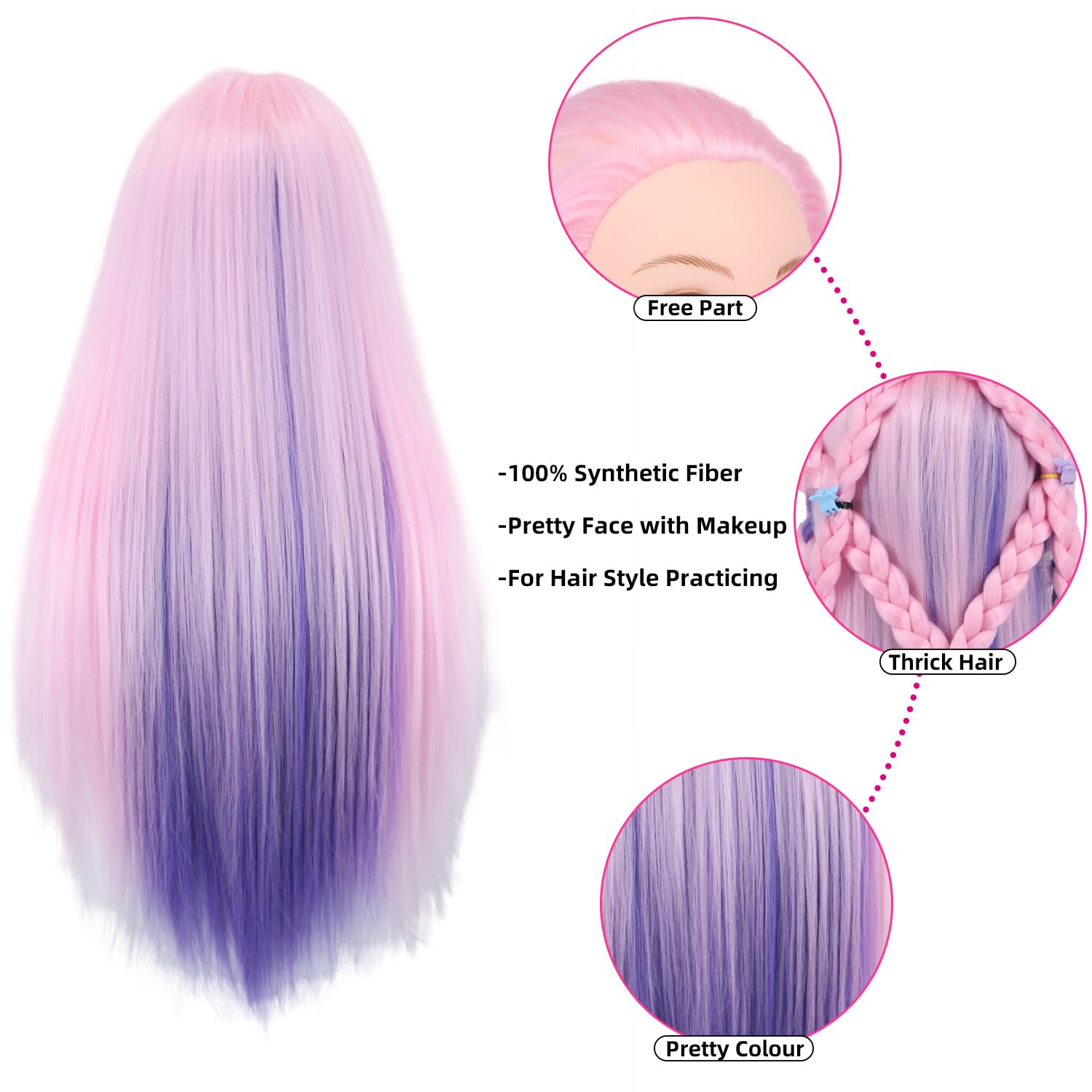 Cabeza de maniquí con cabello, cabeza de muñeca de 29 pulgadas para entrenamiento de peinado, cabeza de maniquí, práctica de maniquí, cosmetología,