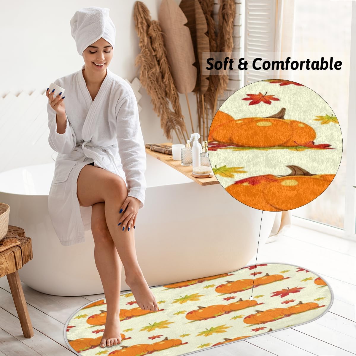 Pumpkins Fall Maple Leaves Memory Foam Bathroom Rug Runner Soft Cozy Bath Rug Water Absorbent Non-Slip Bathroom Mat Thick Velvet Shower Mat Bath Mat