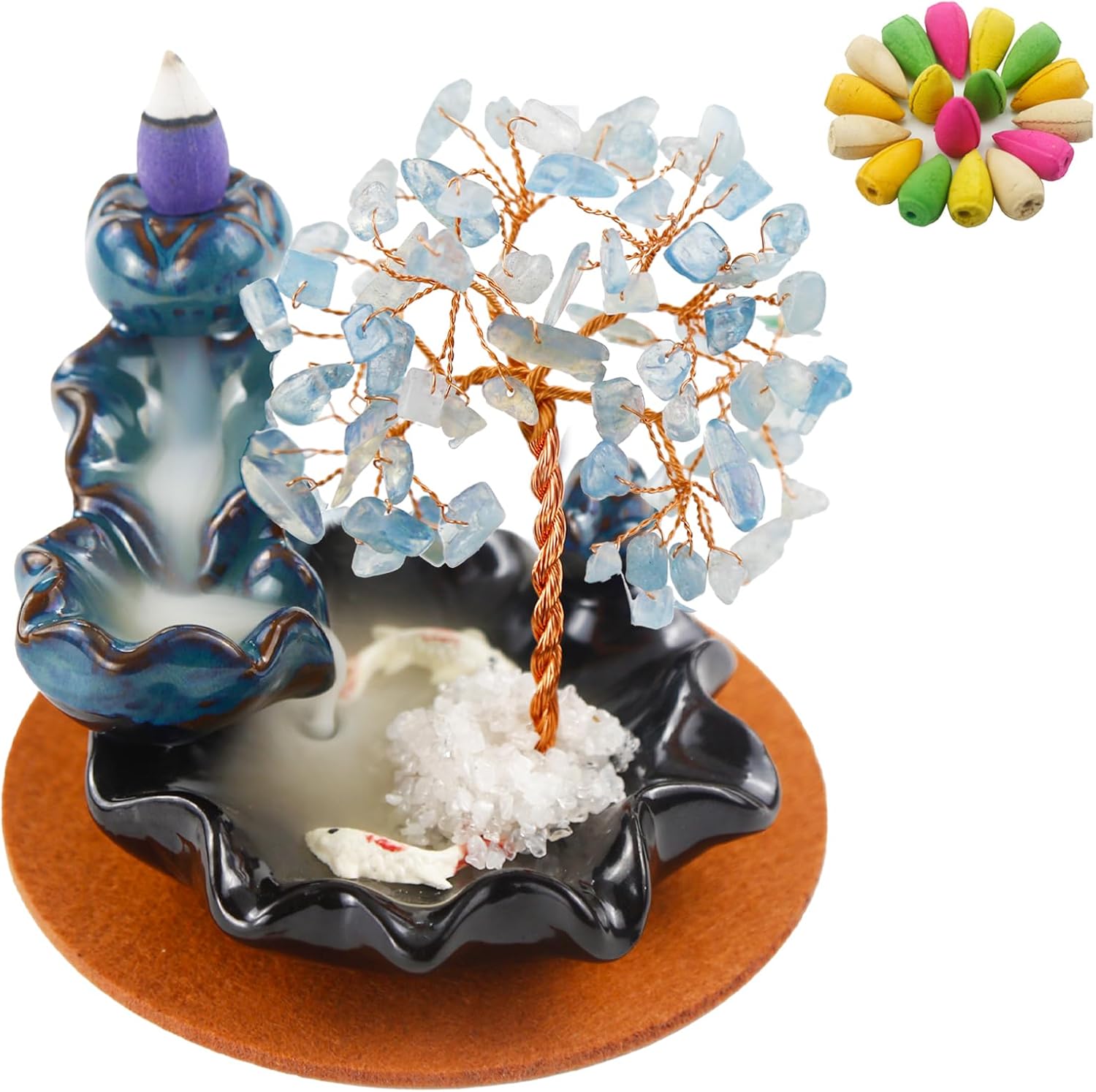 Soporte para incienso en cascada, quemador de conos de incienso con reflujo de cristales de aguamarina, decoración de estante de meditación