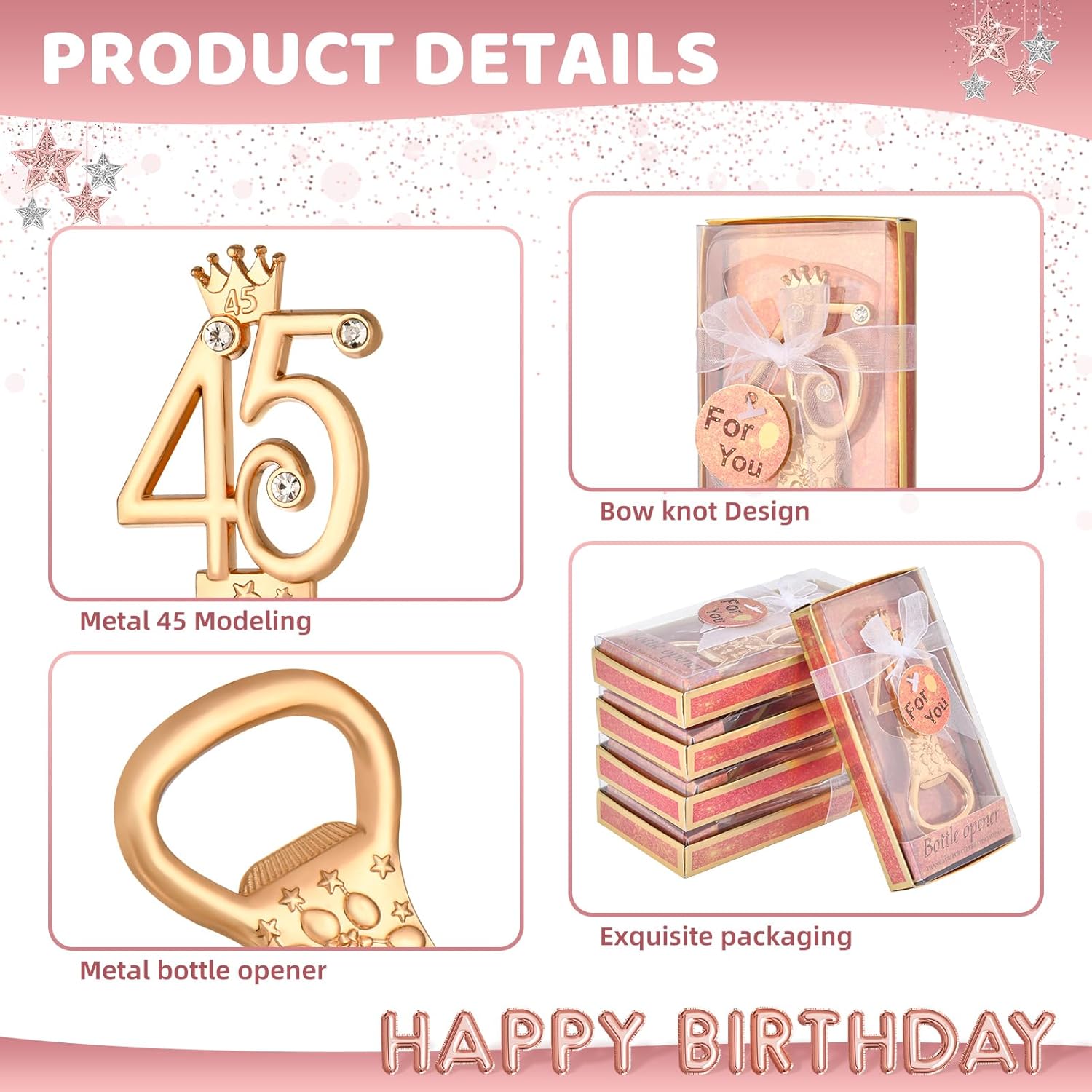24 boxes of rose gold themed 45th birthday bottle openers, suitable for 45th anniversary wedding party gifts, 45th birthday party souvenirs or party