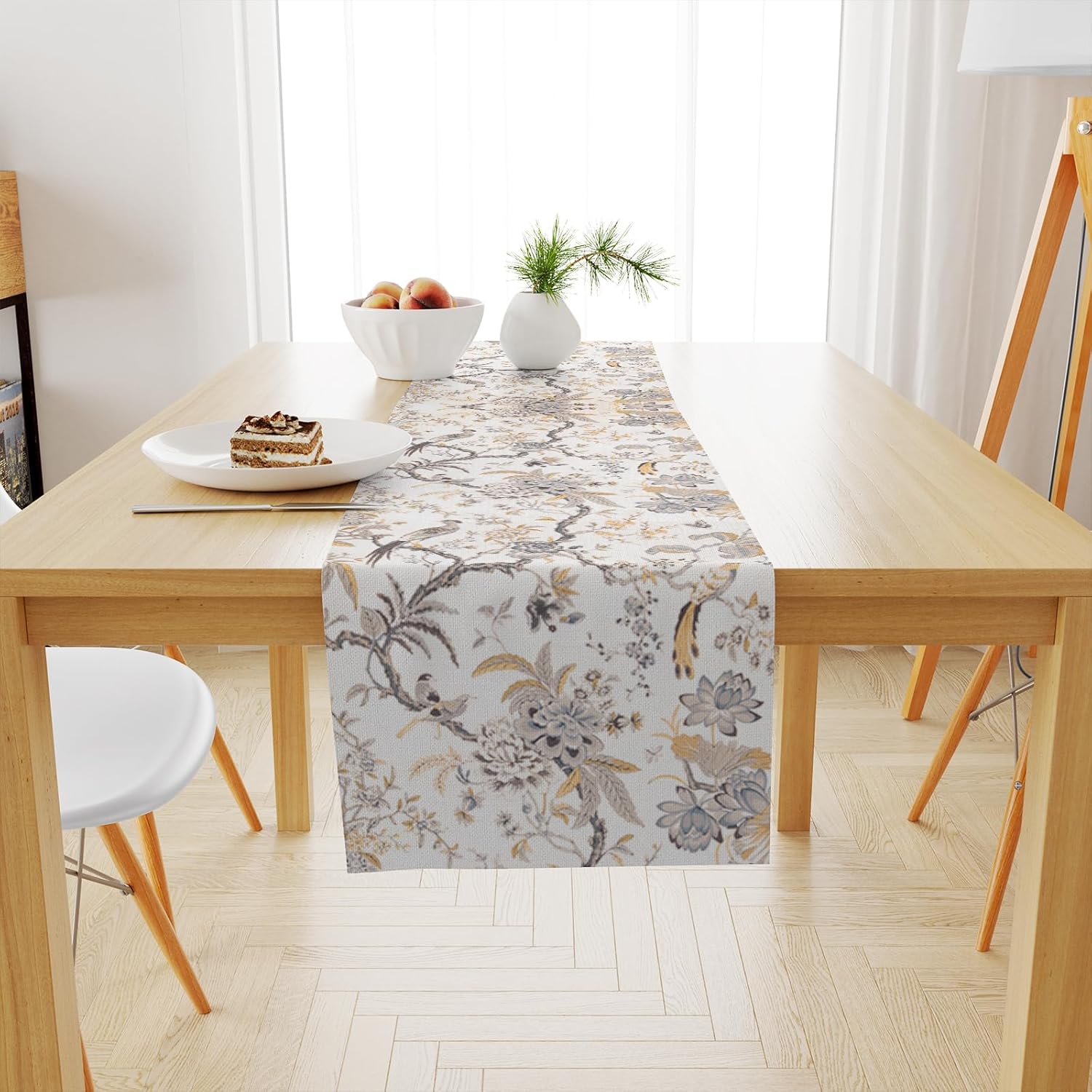 Snycler Chinoiserie Camino de mesa amarillo y blanco con flores de otoño, diseño moderno y elegante con pompones, centro de mesa geométrico,