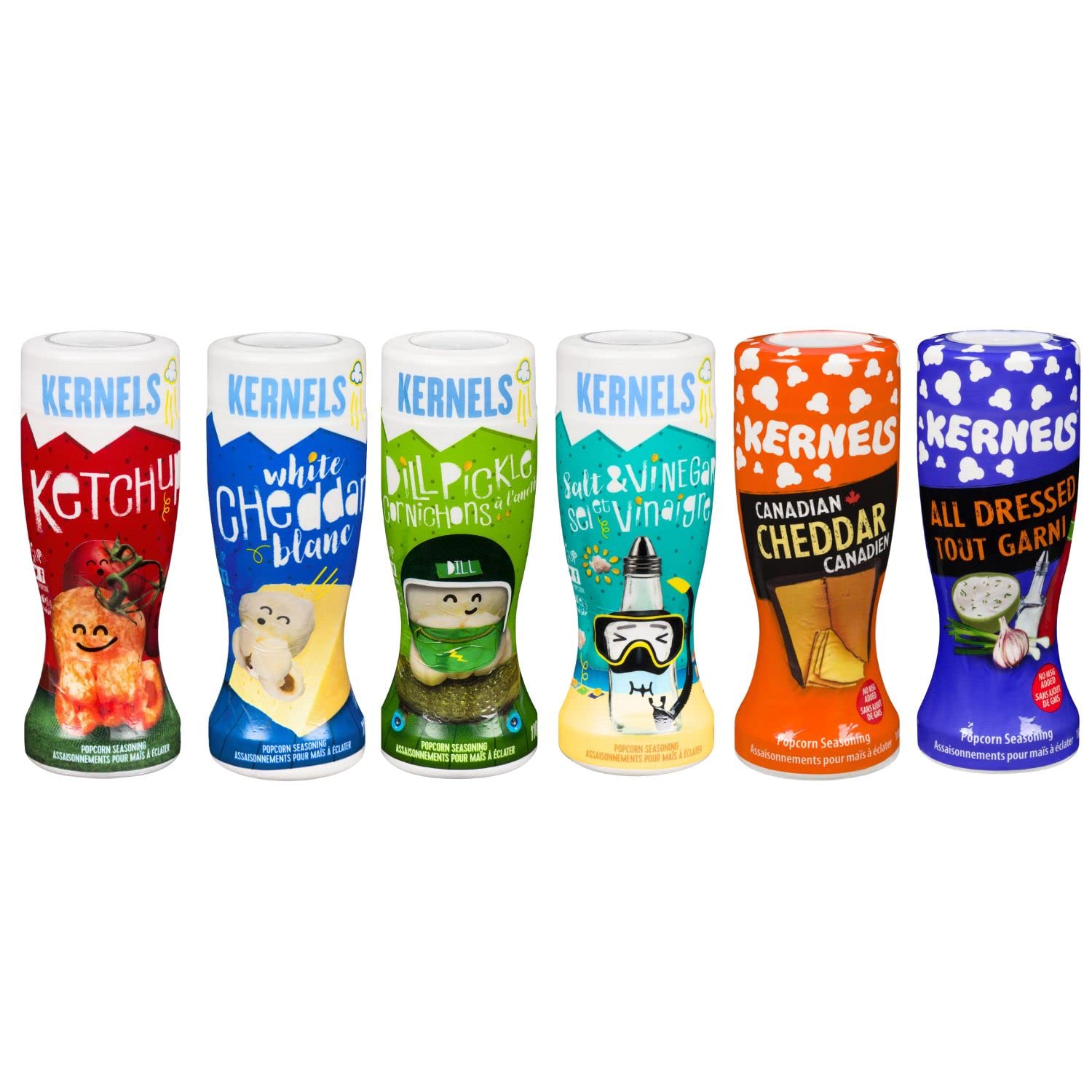 Kernels – Paquete de condimentos para palomitas de maíz, (6 sabores), ketchup, todo aderezado, eneldo, cheddar canadiense, vinagre de sal, queso