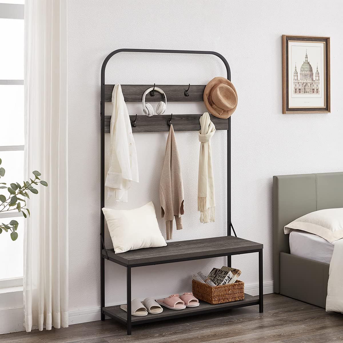 IBF Perchero con banco de zapatos, árbol de pasillo 3 en 1 con banco de almacenamiento para entrada, árbol industrial de metal y madera con estante
