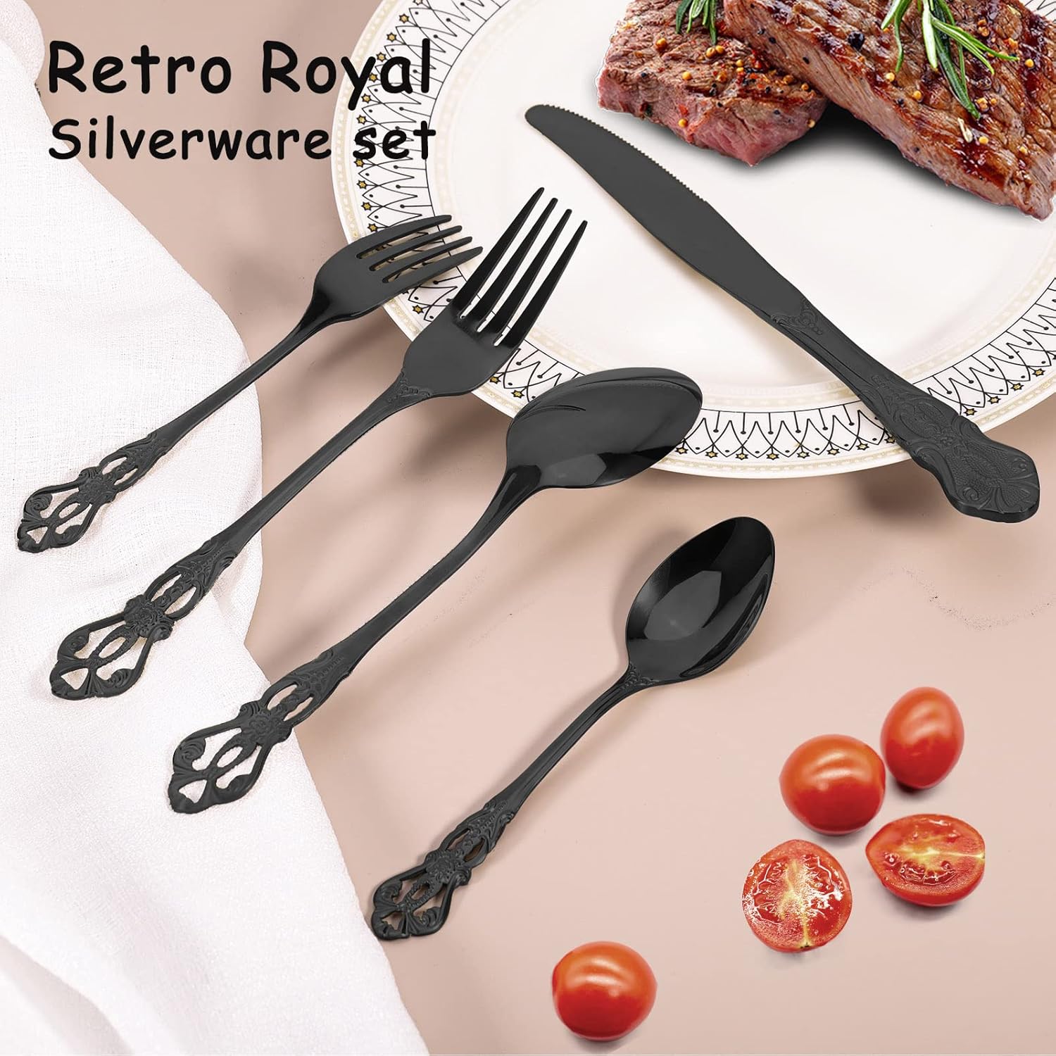 Juego de cubiertos negros para 8, juego de cubiertos de acero inoxidable, juego de cubiertos retro real, 40 piezas, juego de utensilios de cocina,