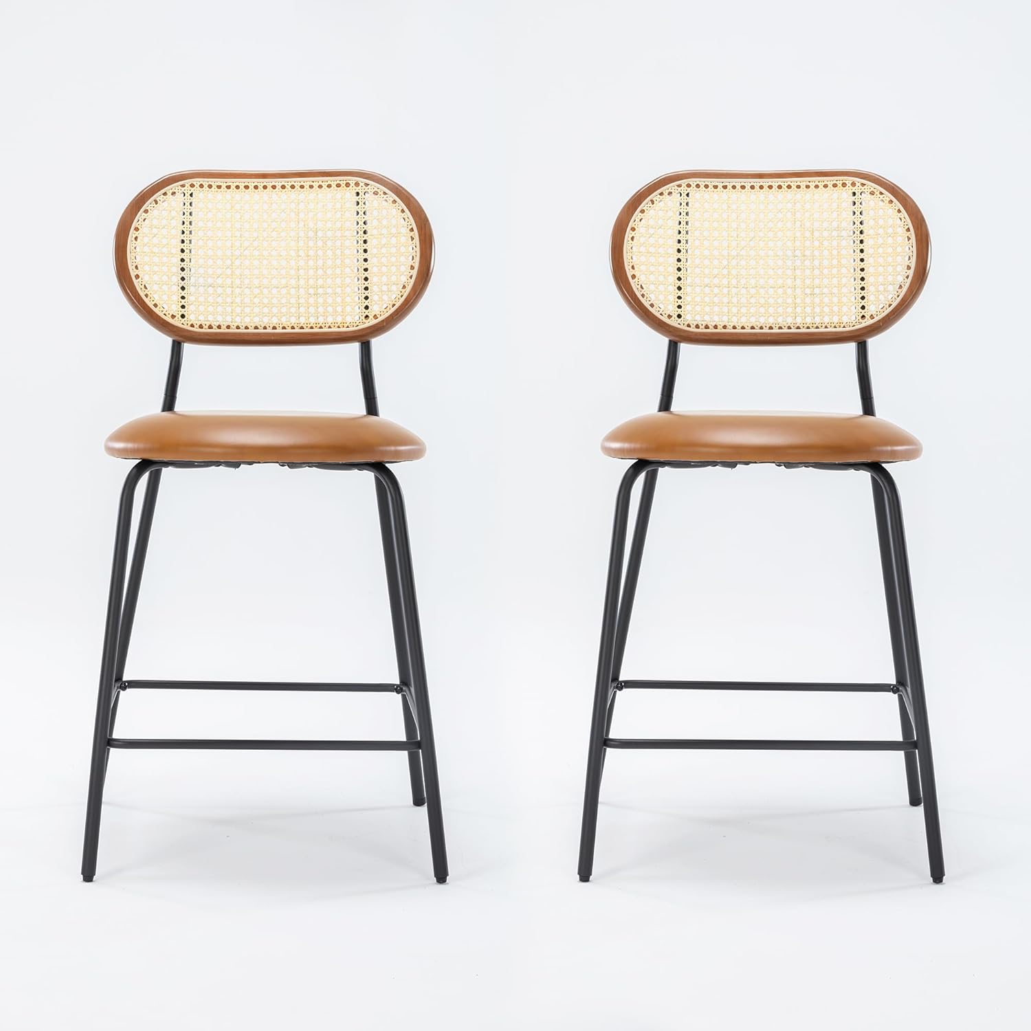 LUE BONA Juego de 2 taburetes de mimbre de piel sintética, respaldo de ratán y madera con patas de metal, modernos taburetes de bar tapizados