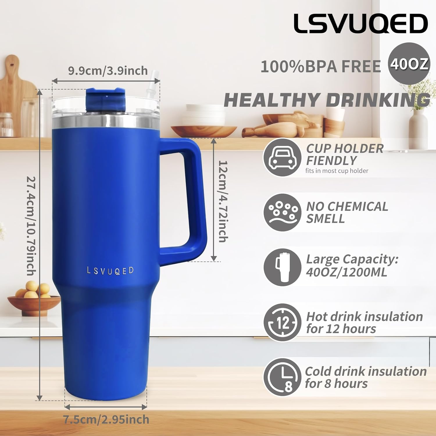 LSVUQED Vasos de 40 onzas con asa y tapa con popote, aislamiento reutilizable, de acero inoxidable, taza de viaje que mantiene las bebidas aisladas