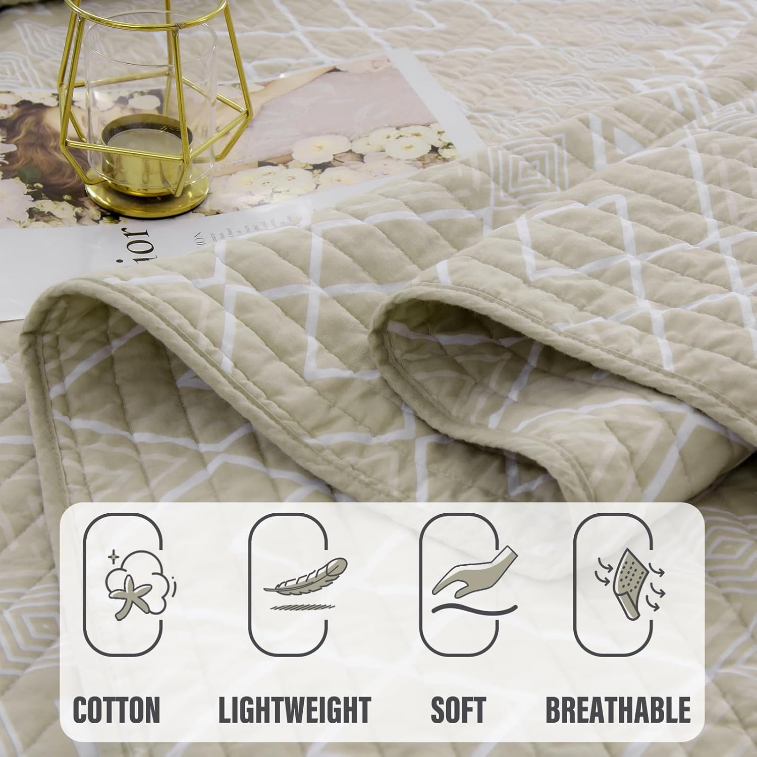 Juego de edredón bohemio tamaño King, 100% algodón, color beige, tamaño King, con 2 fundas de almohada, juego de cama ligero acolchado geométrico