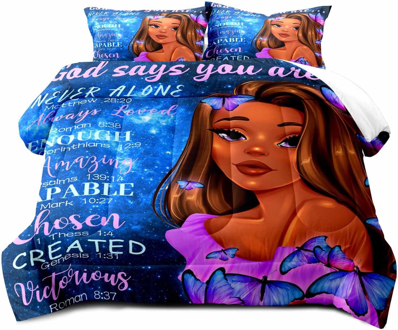 LUVIVIHOME Juego de edredón mágico de 3 piezas, tamaño matrimonial, ropa de cama negra afroamericana, ropa de cama de mariposa azul galaxia púrpura