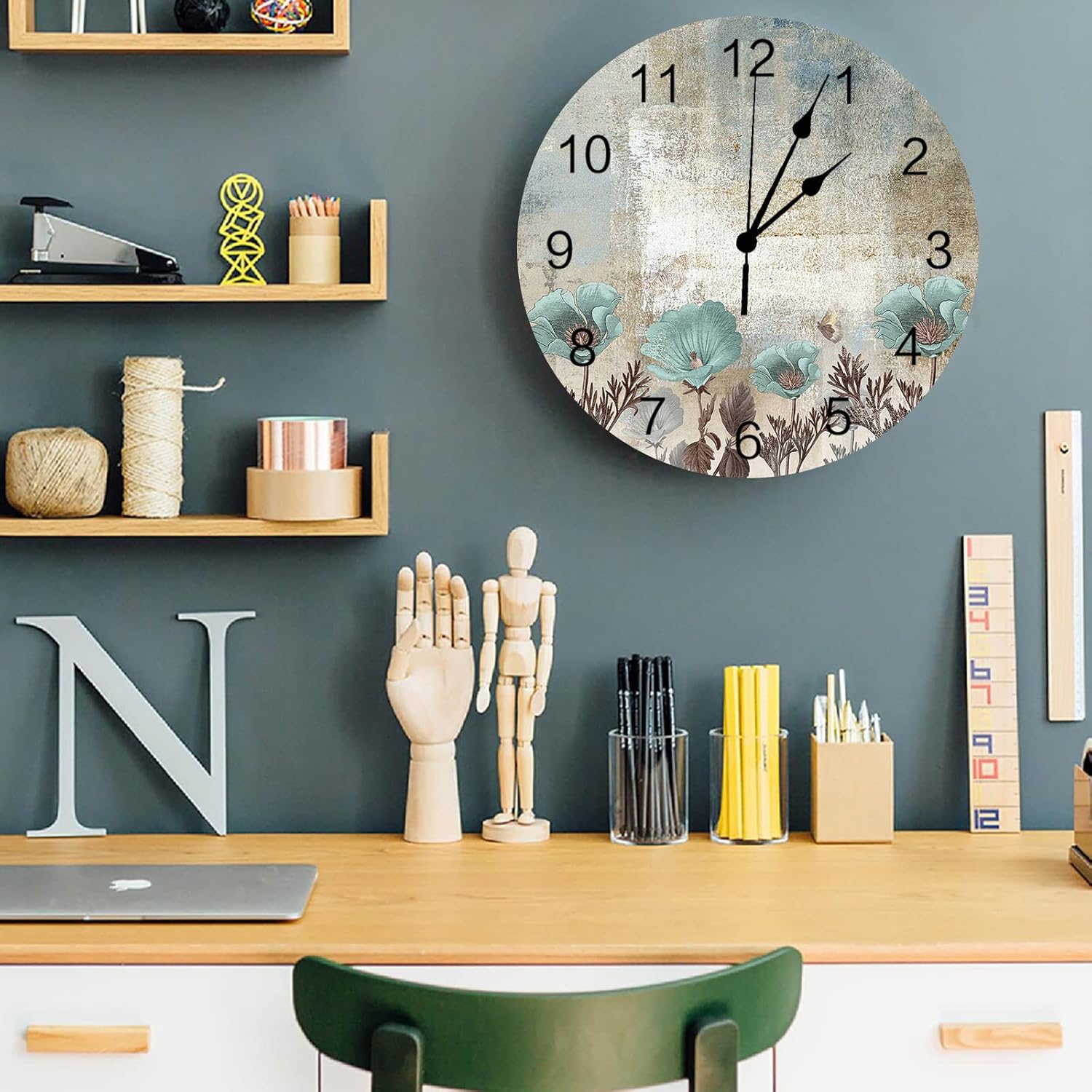 12 Inch Wall Clock Non-Ticking Silent Battery Operated Abstract Art Vintage Texture Teal Flowers Round PVC Wall Clock Decorative for