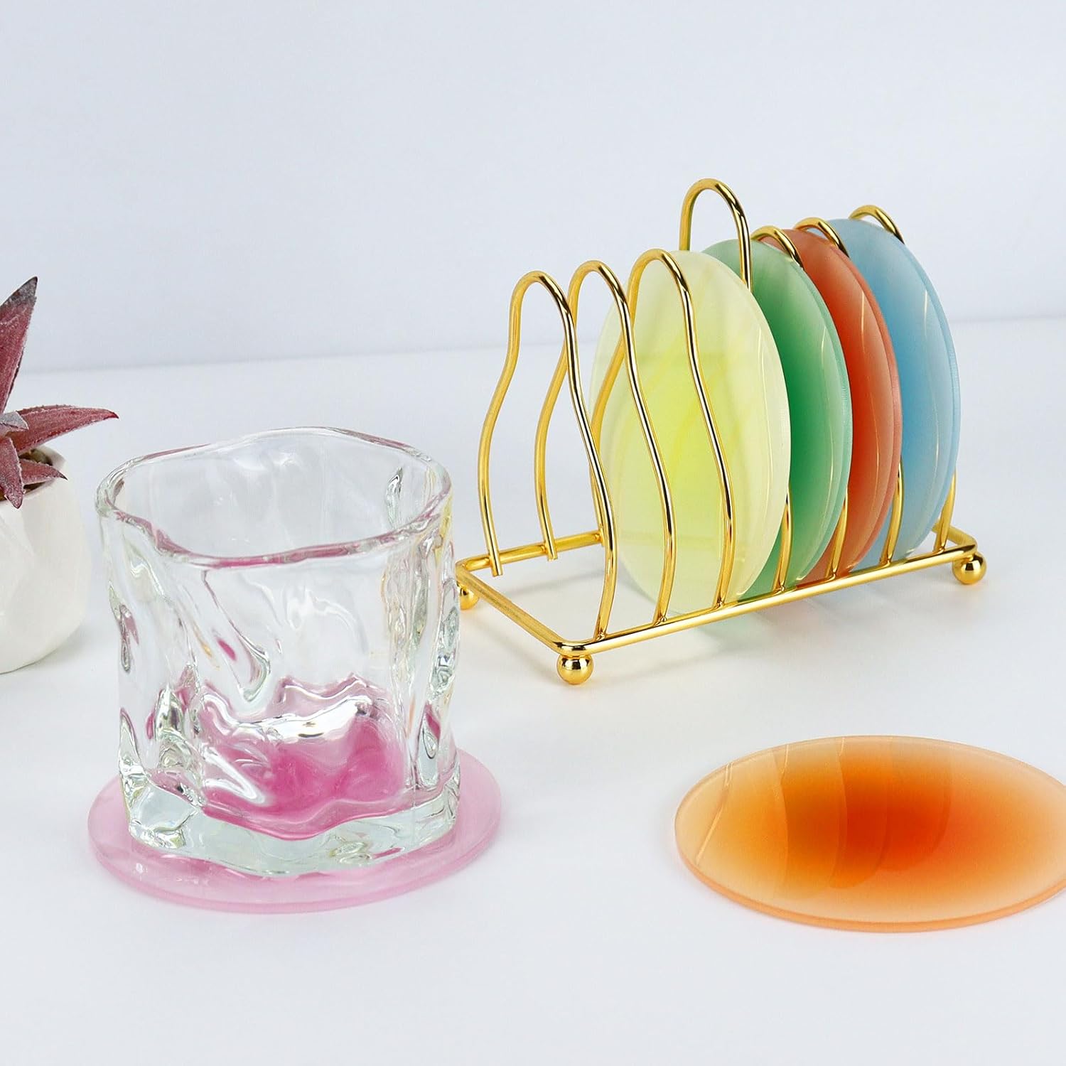 Posavasos de acrílico, 6 posavasos coloridos acrílicos, bonitos posavasos redondos resistentes al calor, posavasos antideslizantes con soporte de