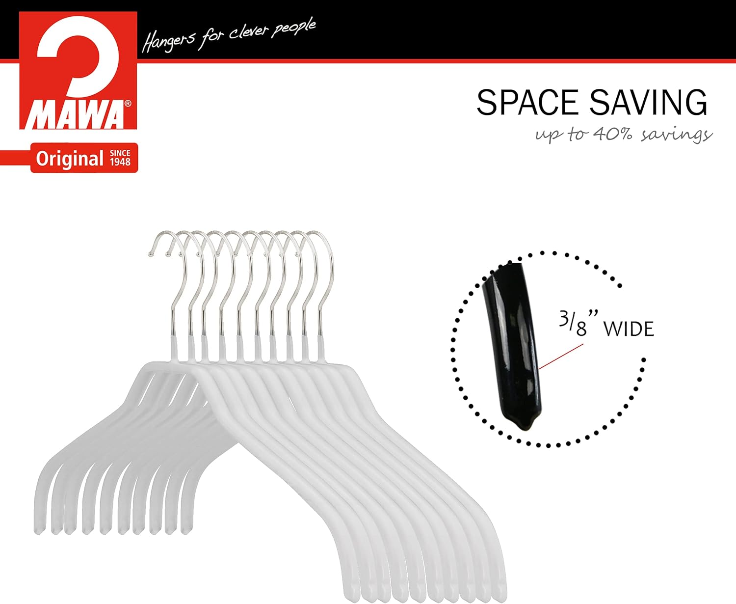 MAWA Ft Reston Lloyd Silhouette Series – Percha antideslizante que ahorra espacio para camisas y vestidos, estilo 41F, juego de 10, color blanco,
