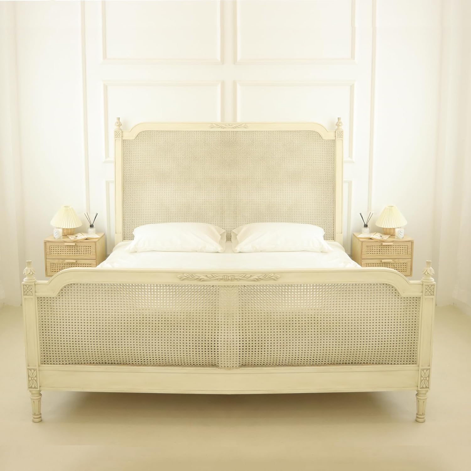 AWASEN Mesita de noche de ratán con cajones, moderna mesita de noche con almacenamiento, mesa auxiliar de madera para dormitorio y espacio pequeño