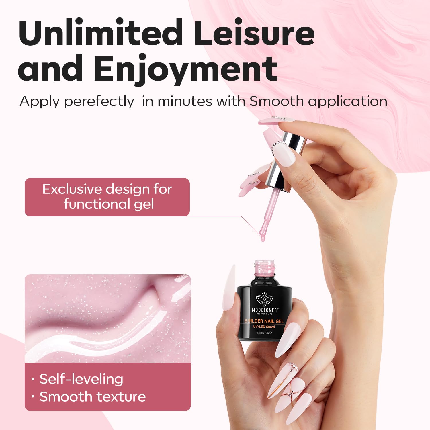 modelones Builder Gel de uñas, 8 en uno, esmalte de uñas de gel constructor con purpurina rosa nude, esmalte de gel con base de goma iridiscente