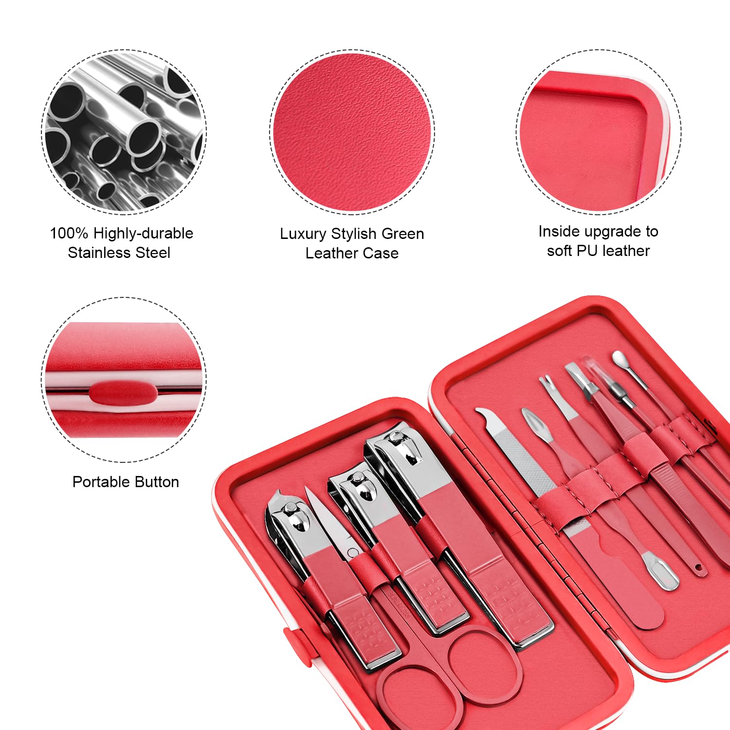 Juego de manicura, mini cortaúñas de viaje, herramientas de cuidado de pedicura, 10 piezas de acero inoxidable (rosa Sakura)